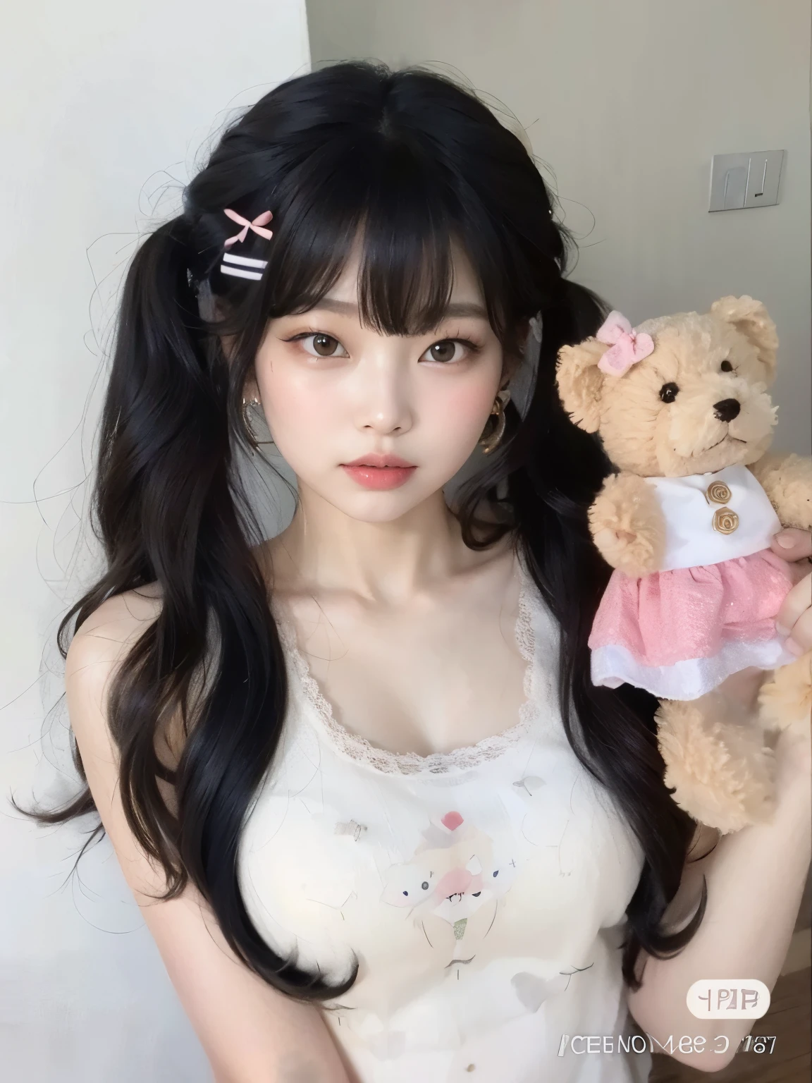 Mujer arafed con pelo largo sentada en una cama con una camisa a cuadros, bella delfina, ulzzang, con pelo largo y ojos penetrantes, long brown hair with bangs, chica anime en la vida real, pelo largo con flequillo completo, y 2 k cutecore clowncore, peinado de coletas, cruel korean gothic girl, brown hair and bangs