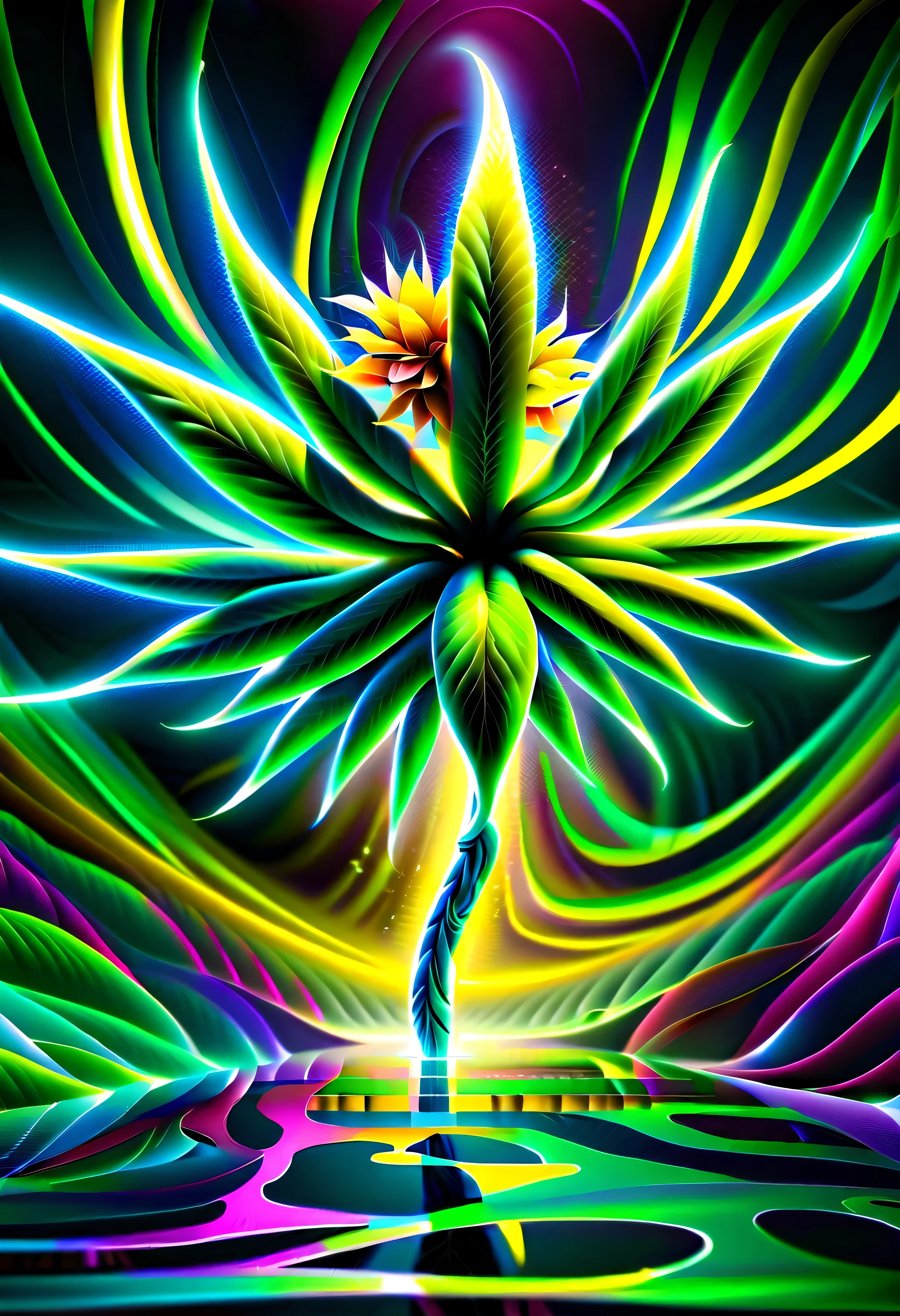pintura cgi abstrata, epic surreal cannabis flower, divino, plantas de fantasia sombria, beauty glow neuron fruit, flores bioluminescentes ao redor, mundo escuro do mundo maravilhoso, bioluminescent radiation, many cannabis flowers have a vision, vision of many cynicisms, loucura, frenesi, flor louca, Arrebatamento, brilho do fanatismo, oil painting, spatula and brush strokes supplement, intrincado, maluco, brilho de beleza assustador, alto contraste, profundidade do mar inspirada, cores escuras ricas, high resolution, hyper realistic, trabalho de pincel de detalhe, stunning intrincado detail 8k rendering, alta qualidade, Qualidade Superior, best quality, verdadeira obra-prima, masterpiece lighting, cinematic angle, glass floor, (cannabis flower)