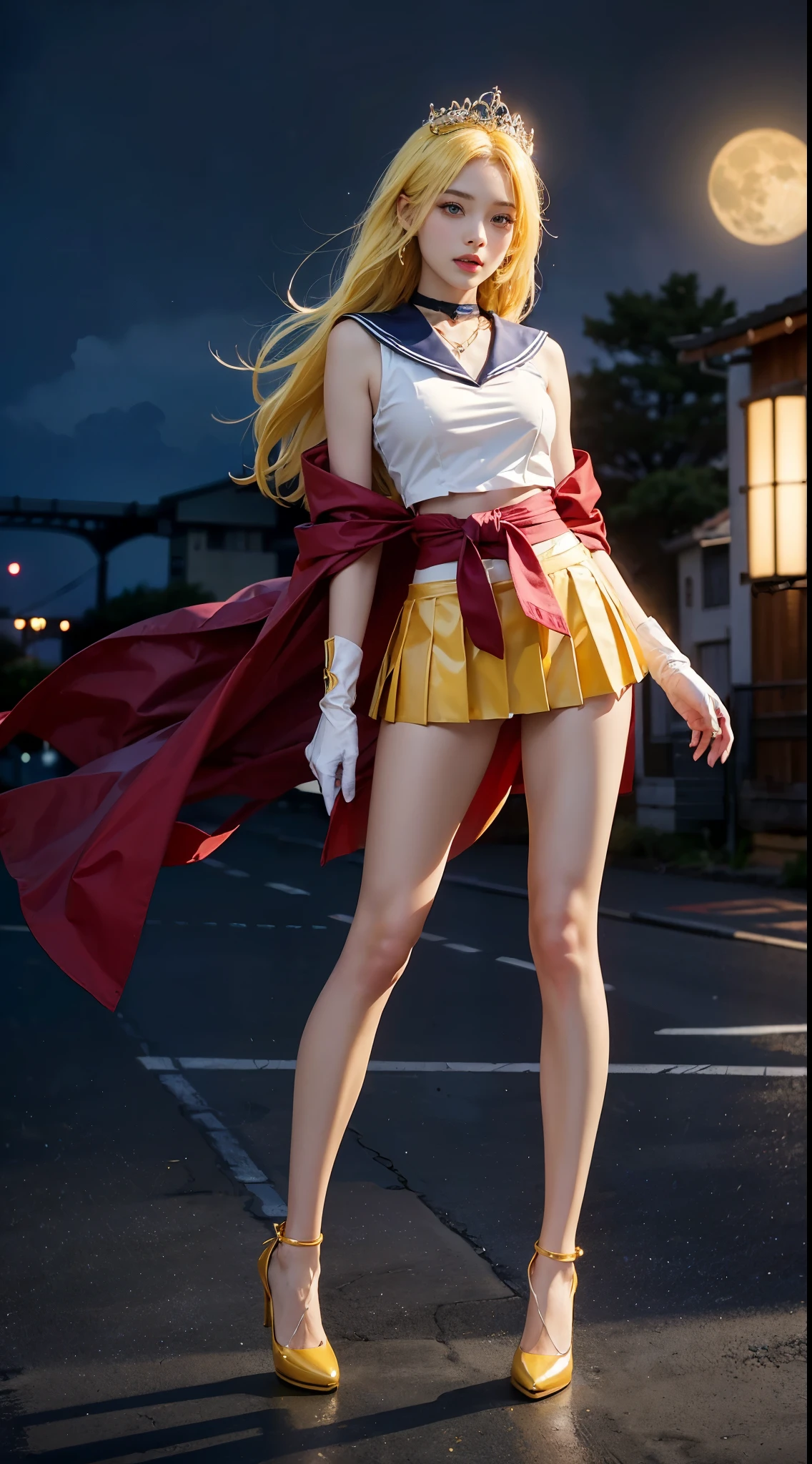 ((​masterpiece:1.4)、(top-quality:1.4)、(reallistic:1.7))、masuter piece:1.4、a beauty girl、(a beauty girl戦士セーラームーン:1.4)、a moon野うさぎ、Body Fit Sexy Sailor Senshi Uniform、(latex shiny)、(The jacket is a white sleeveless sailor suit...)、(Skirt Blue Sexy Ultra Ultra Pleated Mini Skirt)、There are two thin blue lines on the collar of the sailor uniform...........、high leg swimsuit、Red cloth ornament on chest、(Wearing white gloves)、Kawaii Girl、Super beauty、foco nítido、Portrait photos、(Perfect female body:1.4)、perfectly proportions、Upper body photography:1.4、美丽的面容、beautidful eyes、Narrow waist、beauty legs、(yellow  hair:1.4)、(length hair:1.2)、Beautiful udder、large full breasts:1.2、Sexy ass、Raw photo、red-lips、Red high heels:1.4、a choker:1.4、a necklace:1.4、耳环:1.4、Luxurious Golden Tiara:1.4、1 screen display、a moon、kosmos、kosmos船、kosmosステーション、City of the Future