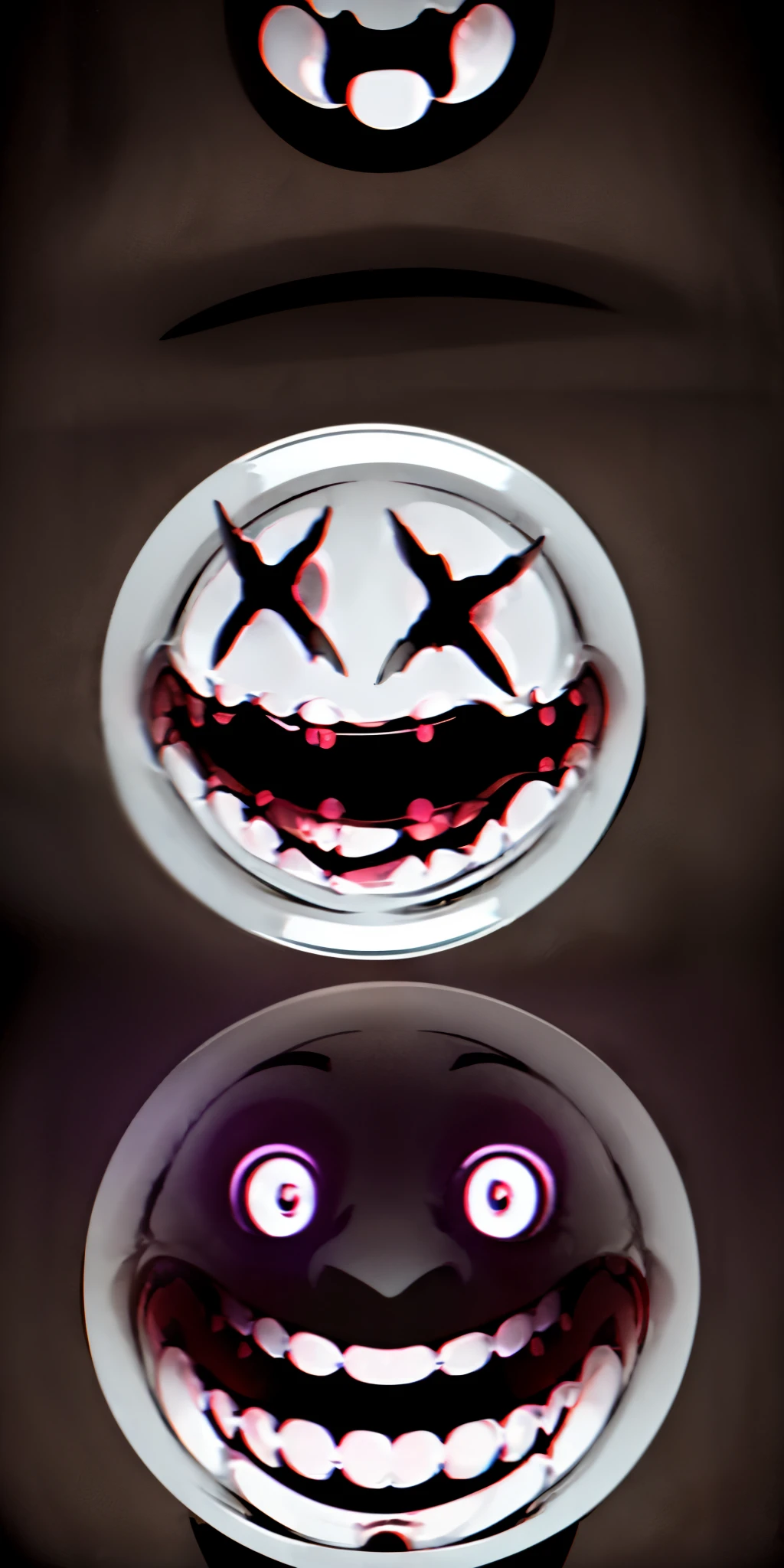 a close up of a smiley face drawn on a plate, creepy smile, creepy evil smile, evil smile, scary smile, horror smile, evil grin, malevolent smile, mad grin, slasher smile, wicked smile, slight evil smile, grin, (grin), creepy smiles, smiley, angry smile, wide evil grin, unsettling grin