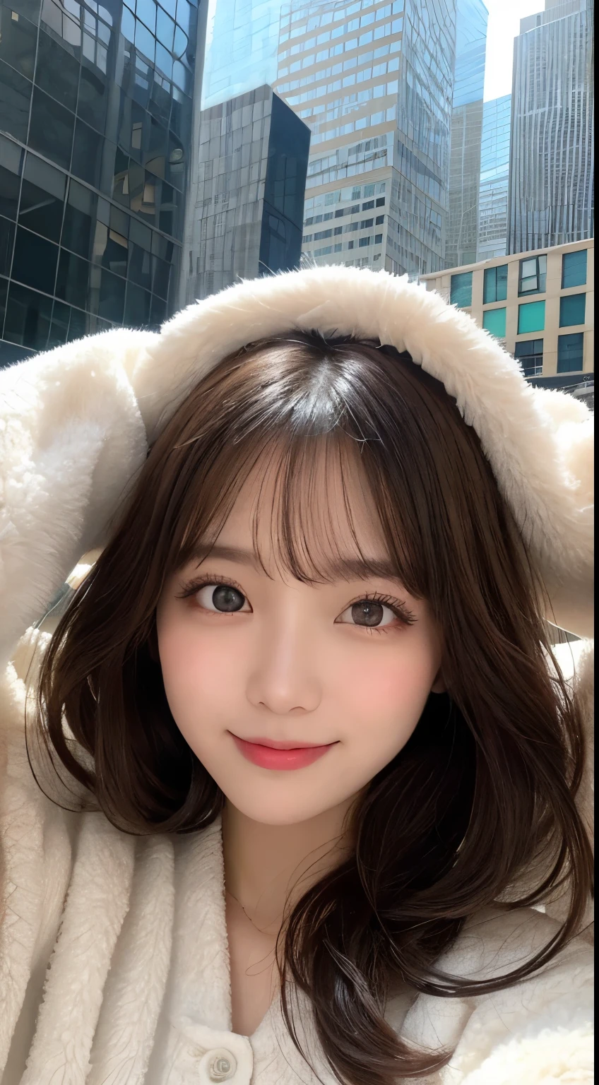 masutepiece, Best Quality, Illustration, Ultra-detailed, finely detail, hight resolution, 8K Wallpaper, Perfect dynamic composition, Beautiful detailed eyes, Winter dress,Medium Hair, Small breasts, Natural Color Lip,Smile,Big city、20 years girl、Midnight、beautifull detailed face、Perfect and beautiful face、slim face and style,Spread your arms wide,Big eyes,Take a photo from below the knees at a face angle