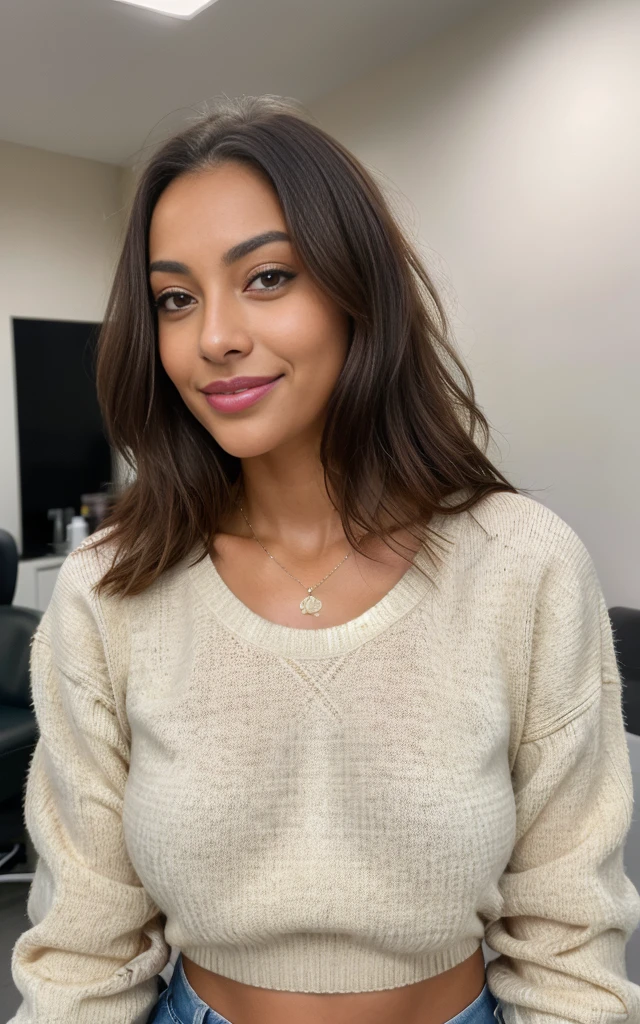 Beautiful mixed-race brunette wearing a light beige sweater (Nail care in a modern beauty salon), Very detailed, 21 anos, Rosto inocente, cabelos ondulados naturais, olhos azuis, high resolution, master part, best quality, detalhes intrincados, altamente detalhado, Crisp Focus, pele detalhada, textura de pele realista, textura, olhos detalhados, profissional, 4k, sorriso encantador, filmado na Canon, 85 millimeters, profundidade de campo rasa, Cor Kodak Vision, corpo de ajuste perfeito, extremamente detalhado, fotografia_\(Ultra\), photoreallistic, Realista, Post-processing, maximum details, rugosidade, vida real, Ultra realista, fotorrealismo, fotografia, 8k UHD, fotografia, trabalho, s office