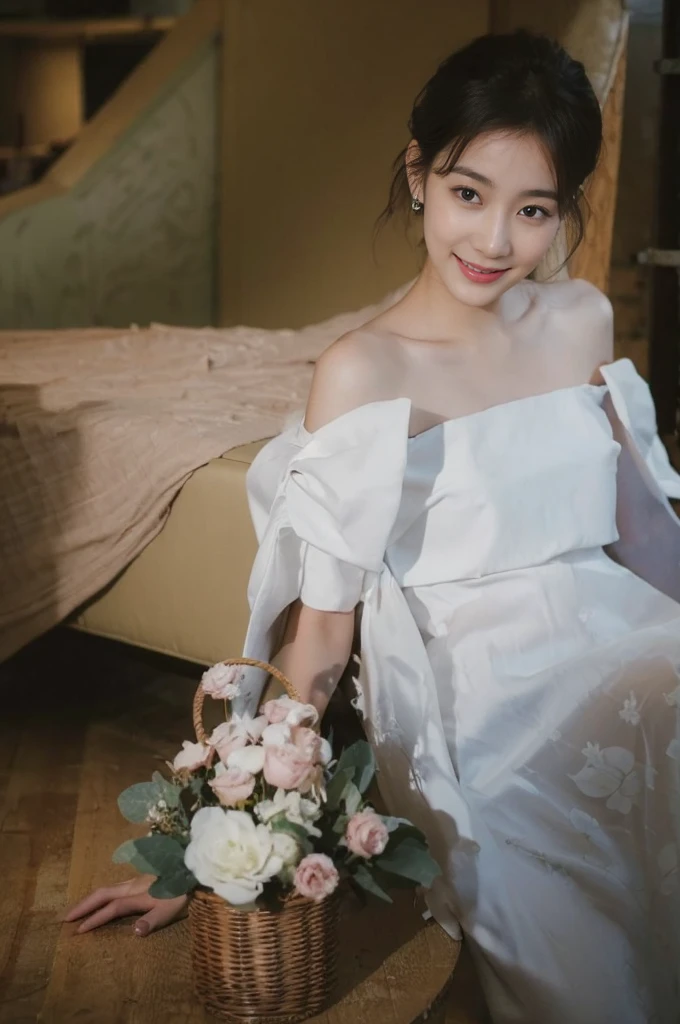(On a table, Best quality, realistically, ultra - detailed, meticuloso, A high resolution, 8k wallpaper), Close-up portrait of a beautiful woman, Chariada, Smiling, light brown messy hair, Perfect dynamic composition, 美丽meticuloso的眼睛, Just like the cover of a fashion magazine, On campus