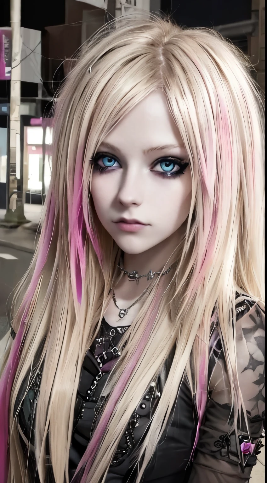 a beautiful blonde with long blonde hair streaked with pink hypnotic aqua blue eyes dark eyelashes dressed in emo pastel goth style posing on a busy night streetlife looking straight into the camera lens heavy dark makeup pink lipstick tatoos and gothic jewelry grunge punk princess