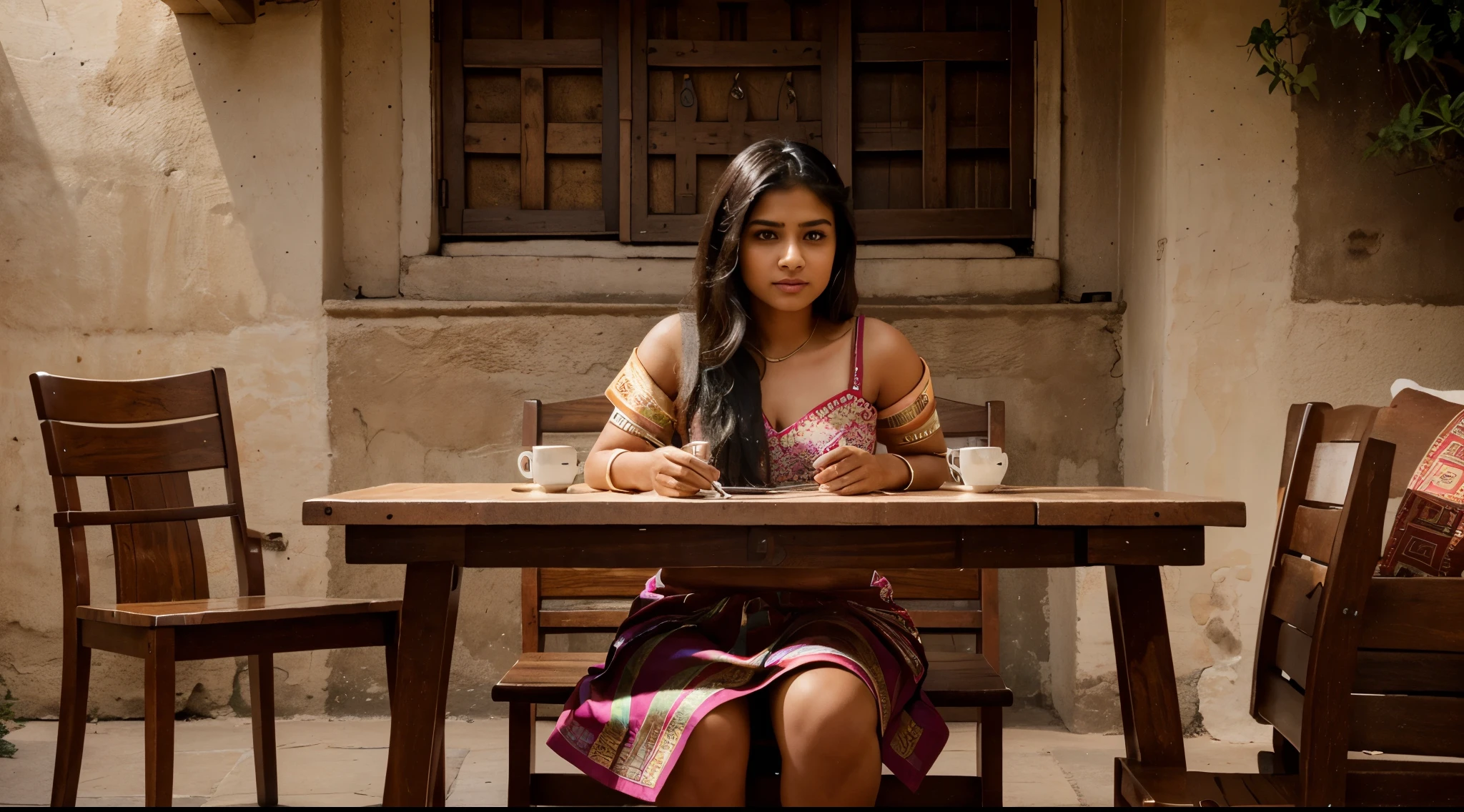 Craft a hyper realistic and vivid description of an exceptionally attractive Gen Z Indian girl who skillfully fuses traditional elements with contemporary style, she is sitting in table and chair, wearing western clothes