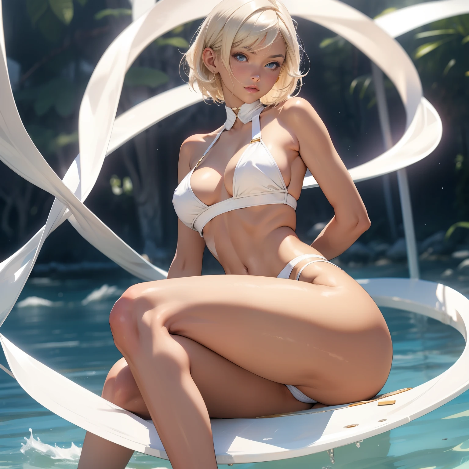 quality,busty figure,legs separated,Facing the lens,White transparent thong,with short golden hair,White-colored skin
