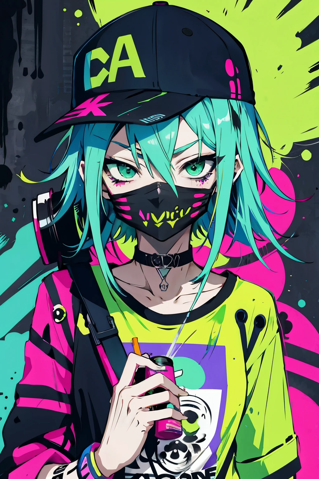 anime slim girl with a cap and a mask, thin face, holding a spray can, green messy hair, street background in neon pink and blue colors, stickers, smirk face, harley vibe, bad girl