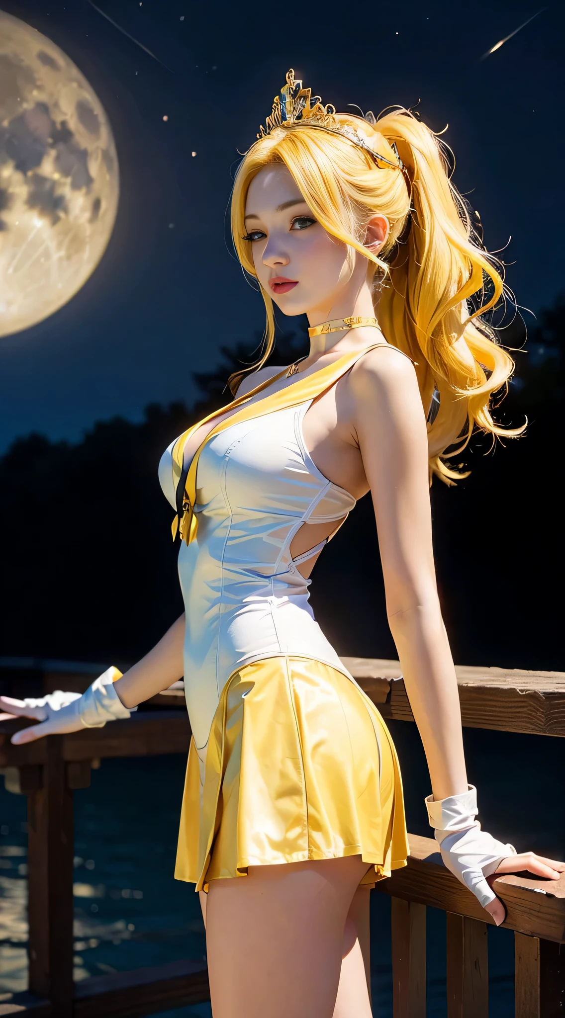 ((masterpiece:1.4)、(top-quality:1.4)、(reallistic:1.7))、masuter piece:1.4、a beauty girl、(a beauty girl戦士セーラームーン:1.4)、a moon野うさぎ、Body Fit Sexy Sailor Senshi Uniform、(latex shiny)、(The jacket is a white sleeveless sailor suit...)、(Skirt Blue Sexy Ultra Ultra Pleated Mini Skirt)、There are two thin blue lines on the collar of the sailor uniform............、high leg swimsuit、Red cloth ornament at chest、(Wearing white gloves)、Kawaii Girl、Super beauty、foco nítido、Portrait photos、(Perfect female body:1.4)、perfectly proportions、Upper body photography:1.4、美丽的面容、beautidful eyes、Narrow waist、beauty legs、(yellow hair:1.4)、(length hair:1.2)、Beautiful udder、large full breasts:1.2、Sexy ass、Raw photo、red-lips、Red high heels:1.4、a choker:1.4、a necklace:1.4、耳环:1.4、Luxurious Golden Tiara:1.4、1 screen display、a moon、kosmos、kosmos船、kosmosステーション、City of the Future