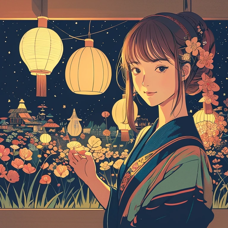 Illustration style、Showa Anime、woman、ukiyoe 、country、Delicate touch、finely、moonlights、paper lanterns