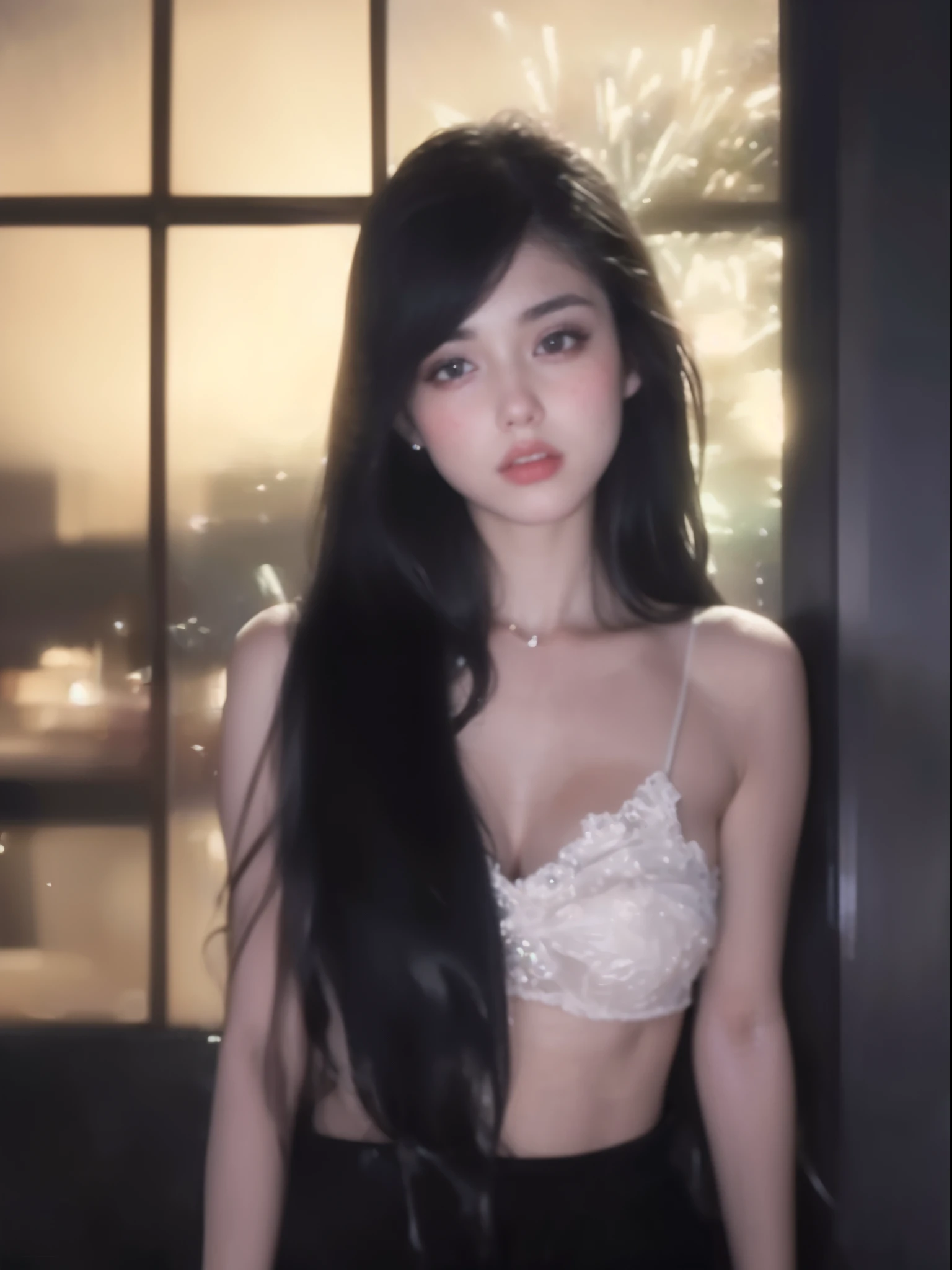 (masterpiece:1.2, best quality), (finely detailed beautiful eyes: 1.2), 1girl, black hair, brown eyes, arms behind back, sky, halo, post-apocalypse, lean on window