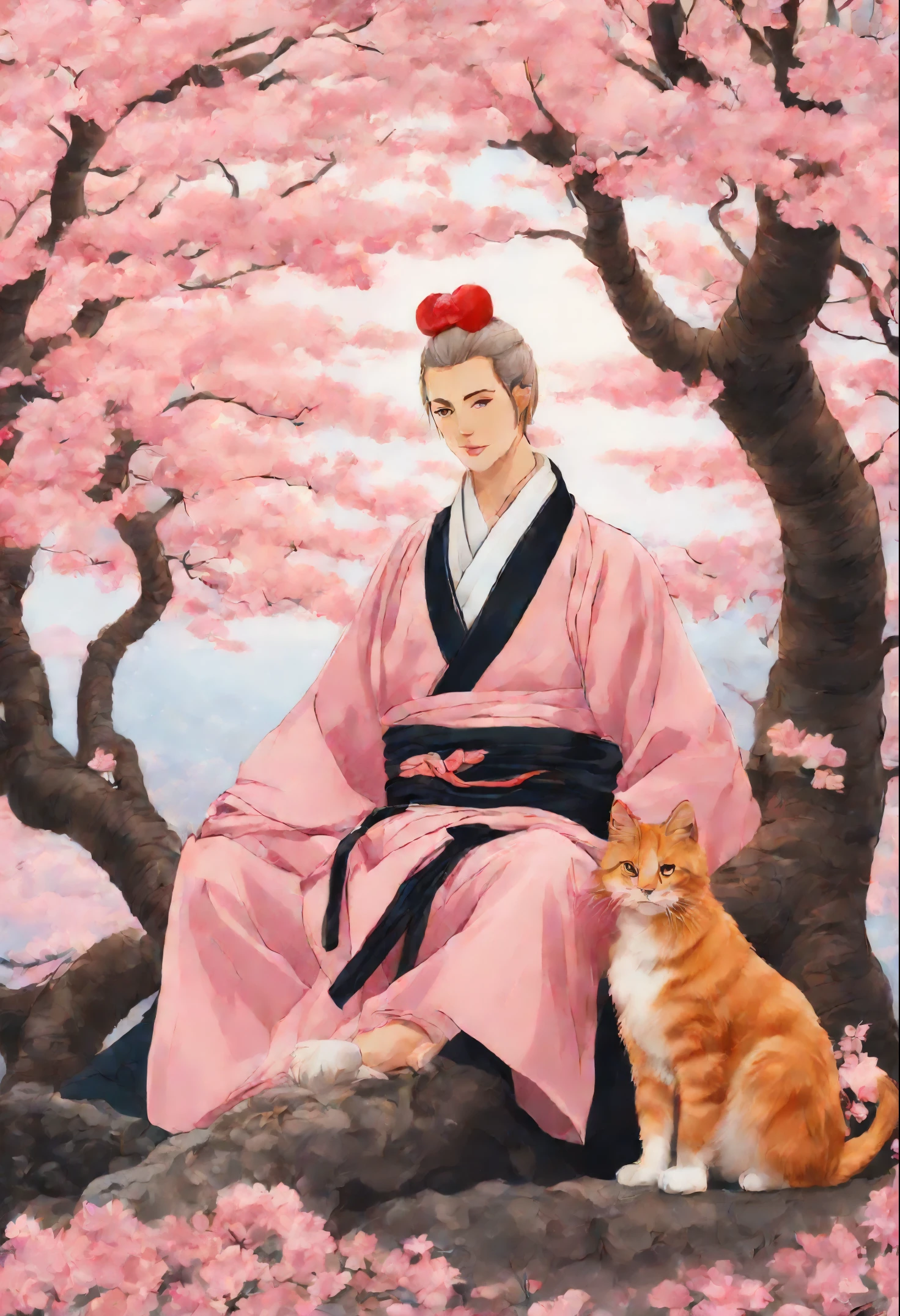 Sakura, pink flowers, big roots, on a sakura branch there is a huge red three-tailed cat, near the sakura a guy in a traditional Japanese costume with a black Labrador near his feet,