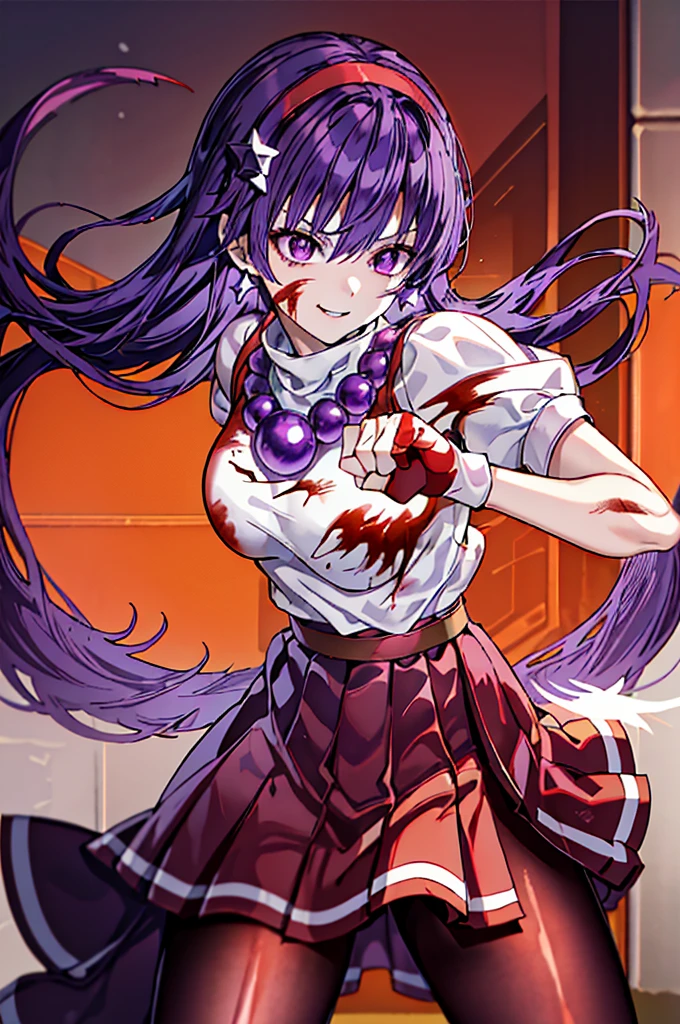 (masterpiece)、(top-quality)、(ultra-detailliert)、intricate detailes、athena97、(1girl in)、独奏、Purple eyes、Purple hair、length hair、White earrings、red hairband、Star hair ornament、Medium Breath、Red vest、White turtleneck、White Puff Sleeves、shortsleeves、Red pleated skirt、(Crimson pantyhose:1.2)、Black pantyhose、Yellow belt、purple sphere shape necklace、Red fingerless gloves、White short socks、Red shoes、evil smile、NSFW、cowboy shot rally background、anime styled、(Blood on the face:1.4)、(Fighting stance:1.6)