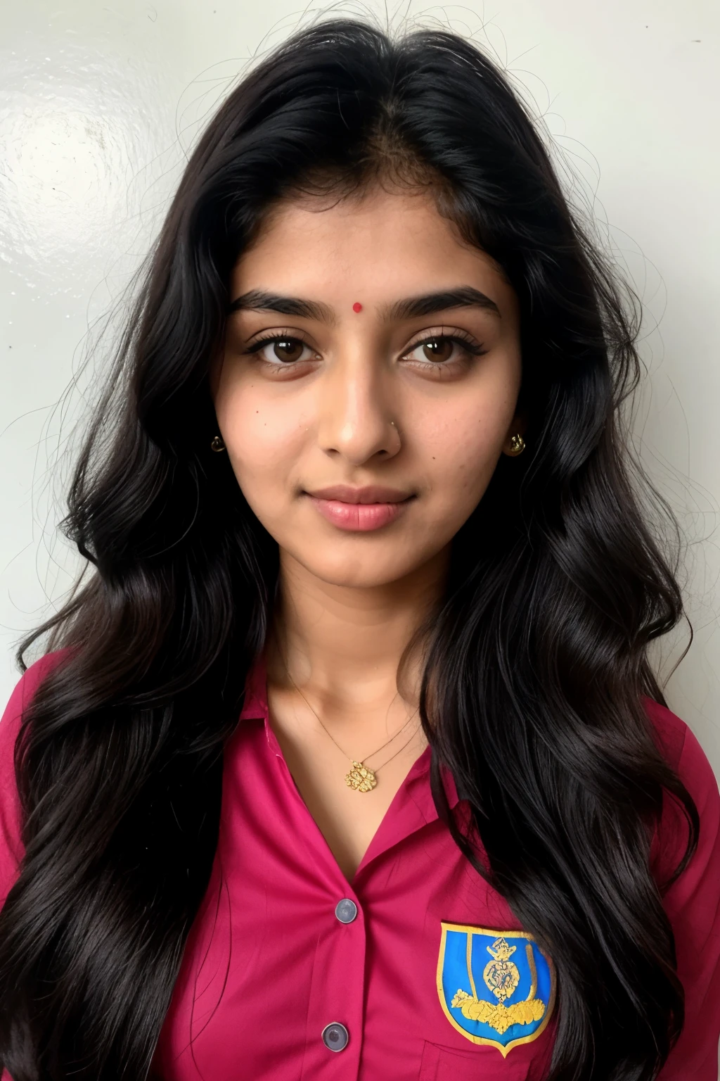 Indian girl, 18 yo, petite, perky breasteatures a mix of Monica Bellucci at 18 yo and Sridevi at 18 yo)), passport size photo, symmetric face,long black wavy hair,uniform