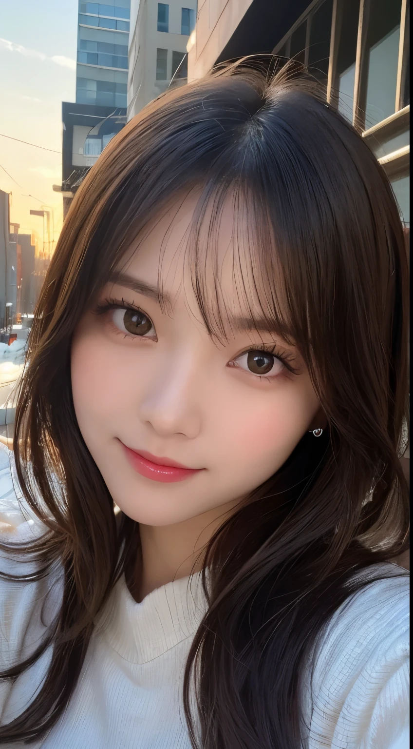 masutepiece, Best Quality, Illustration, Ultra-detailed, finely detail, hight resolution, 8K Wallpaper, Perfect dynamic composition, Beautiful detailed eyes, Winter dress,Medium Hair, Small breasts, Natural Color Lip,Smile,Big city、20 years girl、Midnight、beautifull detailed face、Perfect and beautiful face、slim face and style,Spread your arms wide,Big eyes,Take a photo from below the knees at a face angle
