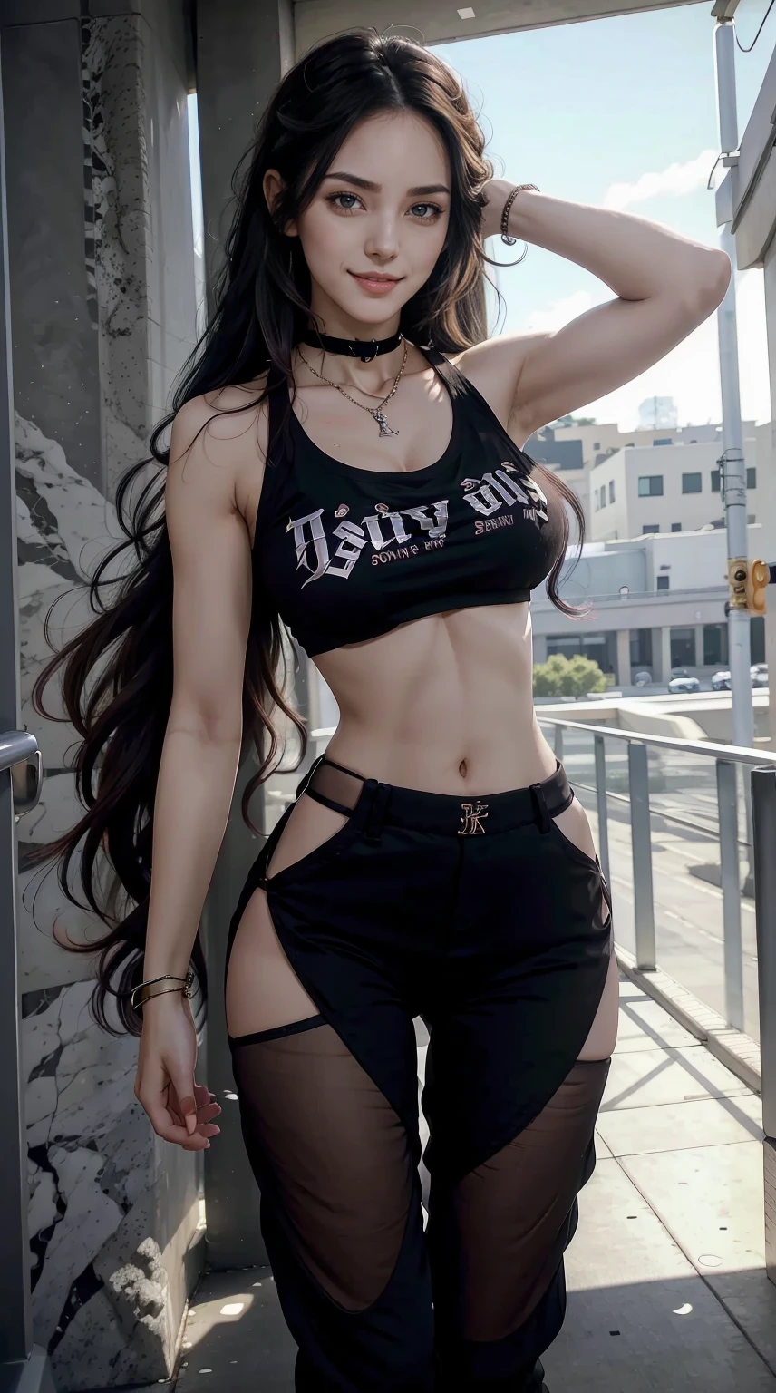 24-year-old woman、Hair color is black、Eye color is dark brown、Longhaire、Straight hair、Slender but well-proportioned muscular man、a smile、My abs are cracked、I can see the belly button、I&#39;m wearing a necklace、accessories on wrist、She&#39;s wearing a T-shirt that shows her underboob.、I'm wearing high heels、wearing sheer pants、a smile、wearing a lace choker、I&#39;m in a building made of marble