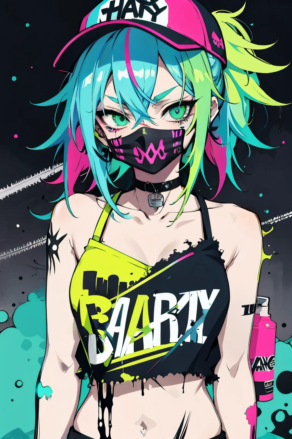 , ,(masterpiece:1.1),[Moody, an urban alley, night, low angle, holding a lollipop, slender, punk girl, pale skin, flat chest, bright green eyes, neon pink hair in pigtails, wearing a denim jacket, a plaid skirt, and fishnet stockings, mischievous facial expression, underlit], [bioluminescent], , ,