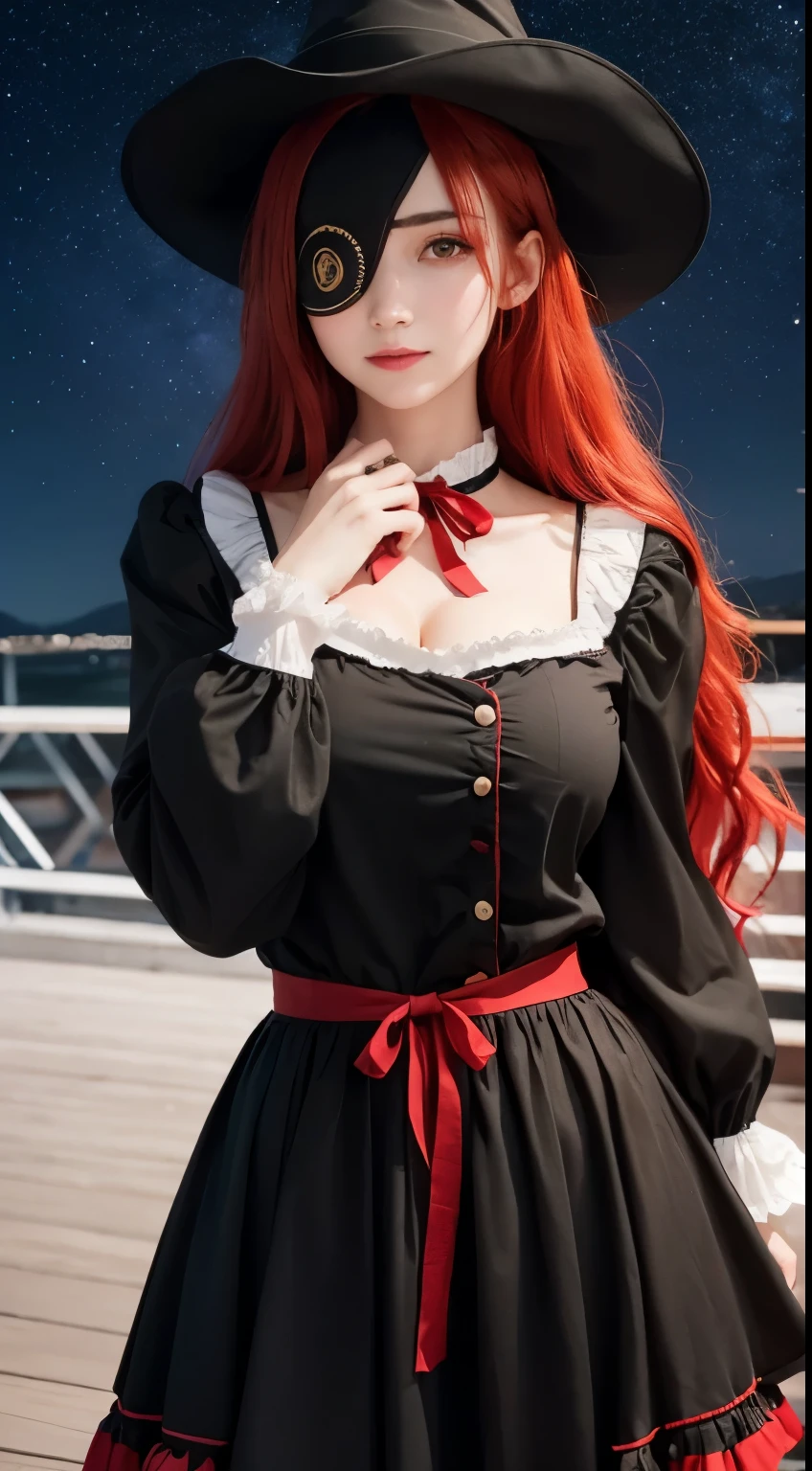 ((best quality)), ((masterpiece)), (detailed), perfect face, ((eyepatch:1.2)), (long hair:1.4), (red hair, red eyes:1.4), 1girl, solo, hat, skirt, legging, witch hat, dirndl gown, black headwear, black dirndl gown, smile, outdoors, black skirt, looking at viewer, black legging, rose pattern legging, red witch hat, long sleeves, bangs, ribbon, frilled skirt, frills, plaid, bow, open clothes, blush, neck ribbon, Star shape eyepatch, gold eyepatch, standing, red ribbon, wide sleeves, black robe, open robe, robe, , hand on waist, medium breasts, large breasts, night, starry night sky, cowboy shot, perfect illumination, bright skin, mature women