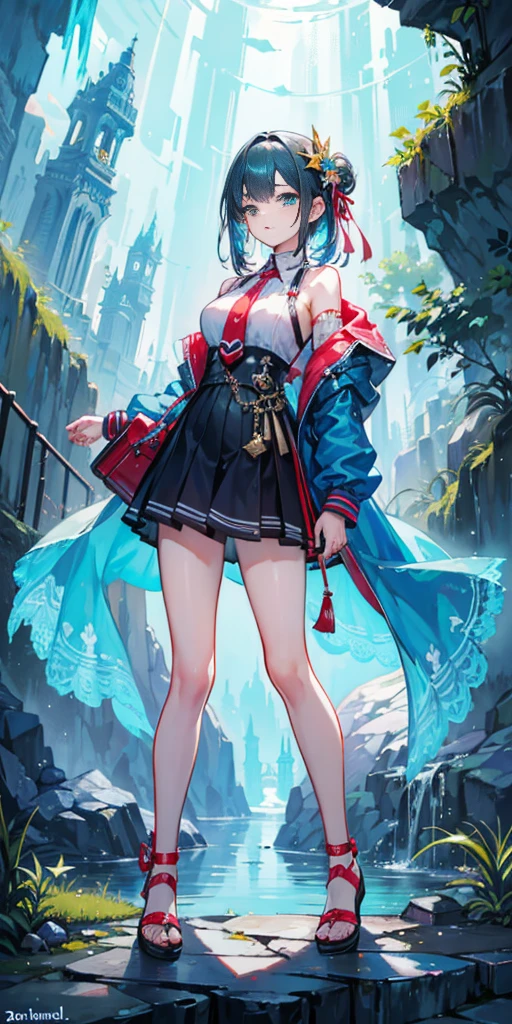 Beautiful Korean game girl cartoon, stockings, umbrella, very big chest, very long legs, very thin waist, full body photo, Hyung Tae Kim art style, dark brown and dark blue, online game style, colorful costumes, uniform stage image, sky blue and red --ar 9:16 --niji 5