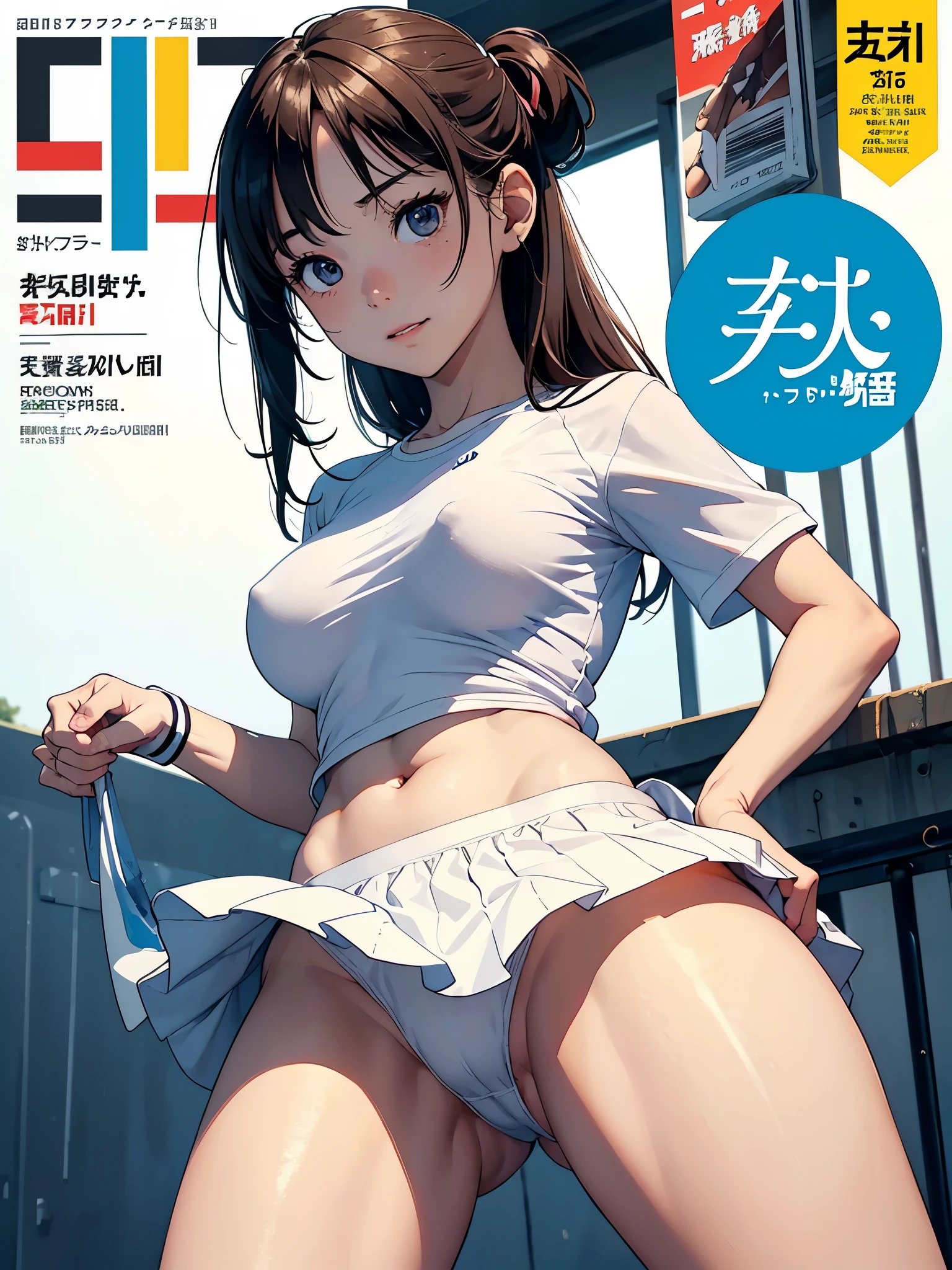 (Superflat, Flat Shading, flat-colors:1.1)、(Magazine Cover)、Illustrations、(One Asian boyish girl)、(cute little:1.2)、very beautiful 20 year old cartoon girl、Great smile、cheeks are reddened、(High Detail Skin: 1.2)、photorealistic anime girl render、realistic anime 3 d style、cute littleボブカット、Twin-tailed、beautiful brown hair、Intense black eyes、Strong highlights of the eyes、((Naked and oiled、accurate big breasts、sport underwear))、Perfect Anatomy、((magnifica、very large breast))、hair messy、Pretty underwear、((Tight white tennis uniform with navel、Supple and thin fabric))、((White miniskirt with flared hem))、Sportswear、sneakers、(support)、stadio、Volumetric lighting、Soft light、Vibrant colors、watercolor paiting、