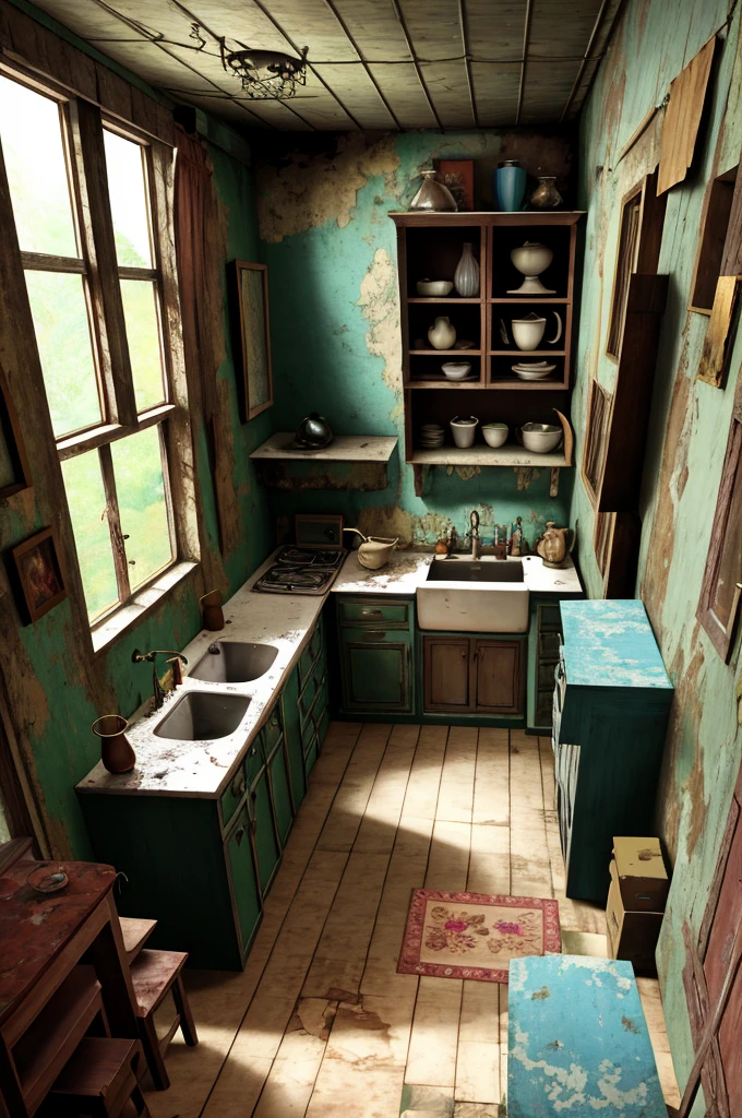 decrepit,Rooms with cupboards are furnished, old kitchen backdrop, 2d game environment design, interior background art, arte de fundo, old furnitures, old kitchen backdrop angled view, old furnitures, 3 d stylize scene, Stylized concept art, personal room background, concept-art!, game environment design, Stylized hand drawn textures