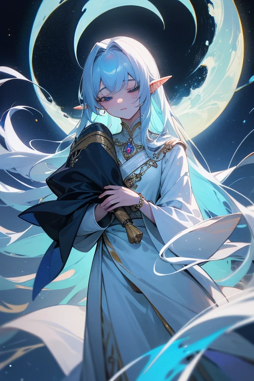 elfo masculino da lua com uma aura misteriosa e celestial. Ele tem uma estatura elegante, medindo aproximadamente 1,85 metros de altura. Seus cabelos prateados fluem como raios de lua cheia, brilhando com uma luminosidade suave. Seus olhos, deep blue like the starry night sky, refletem a luz prateada da lua. Your features are ethereal, and her pointed ears add a touch of heavenly grace to her face.
Selarian's skin is pale and translucent., como se capturasse a luz da lua. Your presence radiates a reassuring calm, and he carries with him an aura of serenity that inspires confidence,.
Vestindo um manto tecido a partir de fios de luz lunar, Selarian dresses in attire that reflects the celestial elegance of his nature. His cloak flows around him like the starry night itself, and jewels encrusted with moonstones adorn her wrists and neck. Every piece of her clothing seems woven from moonlight, creating a show of subtle shine.