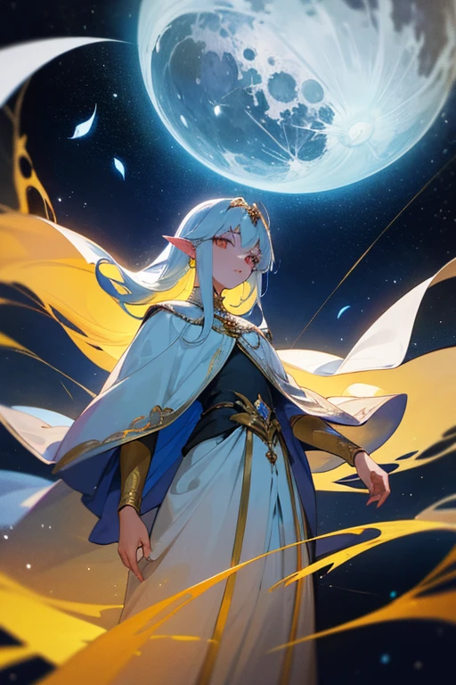 elfo masculino da lua com uma aura misteriosa e celestial. Ele tem uma estatura elegante, medindo aproximadamente 1,85 metros de altura. Seus cabelos prateados fluem como raios de lua cheia, brilhando com uma luminosidade suave. Seus olhos, deep blue like the starry night sky, refletem a luz prateada da lua. Your features are ethereal, and her pointed ears add a touch of heavenly grace to her face.
Selarian's skin is pale and translucent., como se capturasse a luz da lua. Your presence radiates a reassuring calm, and he carries with him an aura of serenity that inspires confidence,.
Vestindo um manto tecido a partir de fios de luz lunar, Selarian dresses in attire that reflects the celestial elegance of his nature. His cloak flows around him like the starry night itself, and jewels encrusted with moonstones adorn her wrists and neck. Every piece of her clothing seems woven from moonlight, creating a show of subtle shine.