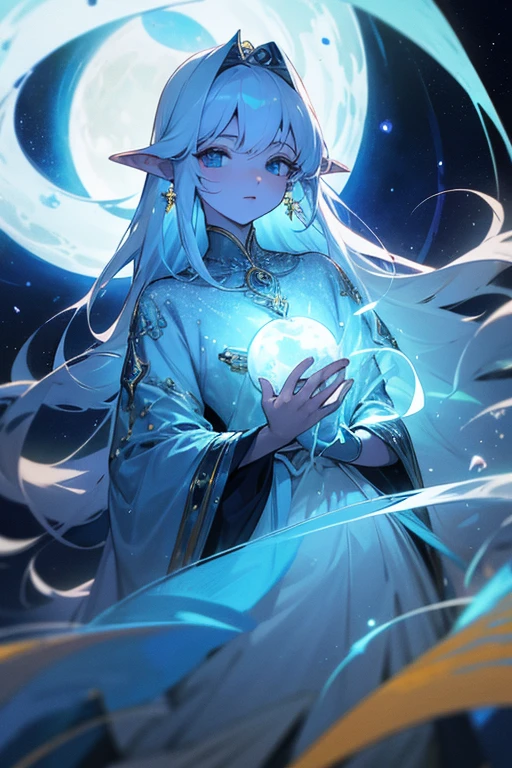 elfo masculino da lua com uma aura misteriosa e celestial. Ele tem uma estatura elegante, medindo aproximadamente 1,85 metros de altura. Seus cabelos prateados fluem como raios de lua cheia, brilhando com uma luminosidade suave. Seus olhos, deep blue like the starry night sky, refletem a luz prateada da lua. Your features are ethereal, and her pointed ears add a touch of heavenly grace to her face.
Selarian&#39;s skin is pale and translucent., como se capturasse a luz da lua. Your presence radiates a reassuring calm, and he carries with him an aura of serenity that inspires confidence,.
Vestindo um manto tecido a partir de fios de luz lunar, Selarian dresses in attire that reflects the celestial elegance of his nature. His cloak flows around him like the starry night itself, and jewels encrusted with moonstones adorn her wrists and neck. Every piece of her clothing seems woven from moonlight, creating a show of subtle shine.
