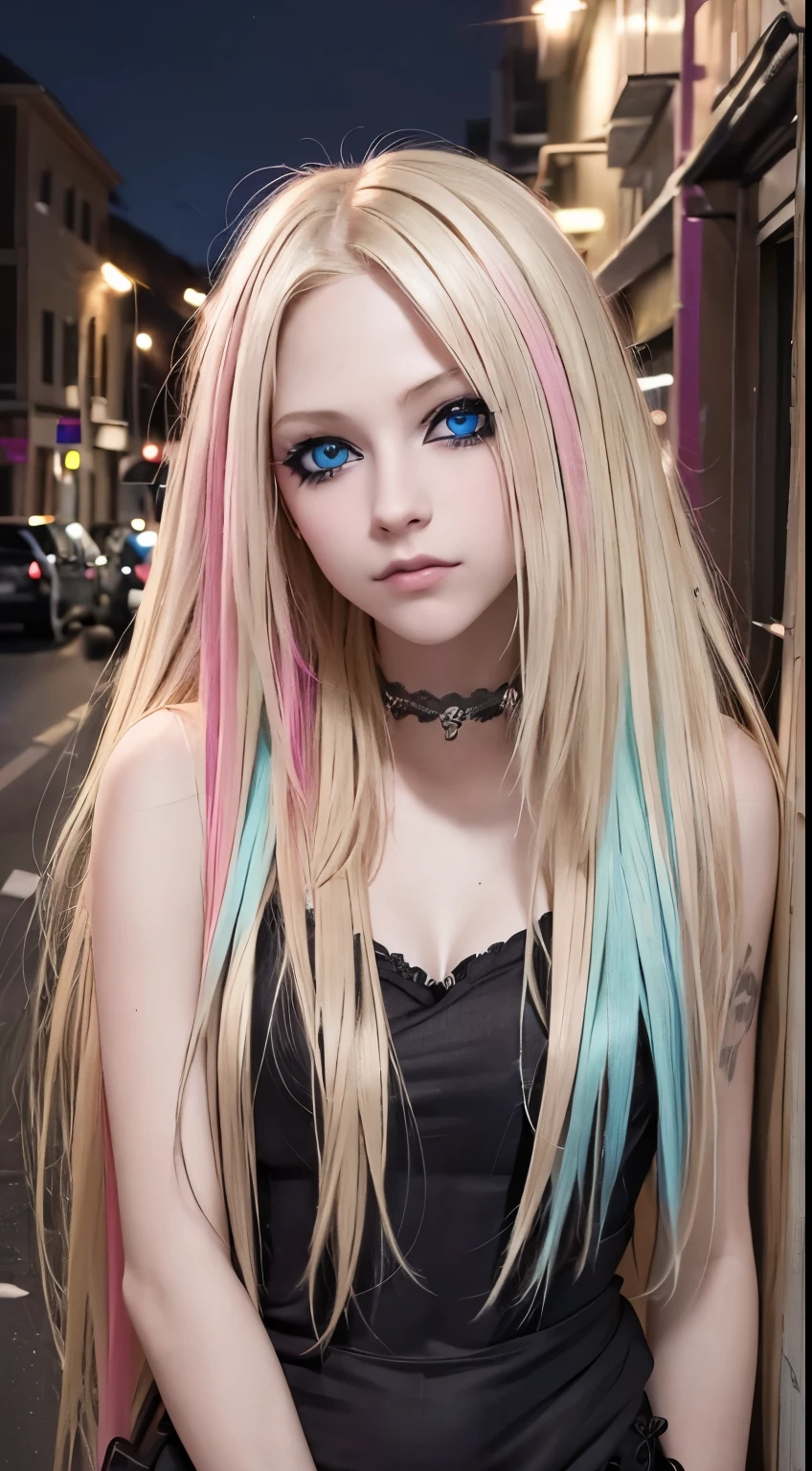 a beautiful blonde with long blonde hair streaked with pink hypnotic aqua blue eyes dark eyelashes dressed in emo punk style posing on a busy night streetlife looking straight into the camera lens