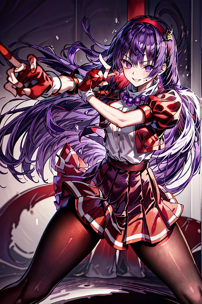 (masterpiece)、(top-quality)、(ultra-detailliert)、intricate detailes、athena97、(1girl in)、独奏、Purple eyes、Purple hair、length hair、White earrings、red hairband、Star hair ornament、Medium Breath、Red vest、White turtleneck、White Puff Sleeves、shortsleeves、Red pleated skirt、(Crimson pantyhose:1.2)、Black pantyhose、Yellow belt、purple sphere shape necklace、Red fingerless gloves、White short socks、Red shoes、evil smile、NSFW、cowboy shot rally background、anime styled、(Blood on the face:1.4)、(Fighting stance:1.4),Detailed interior of the execution site