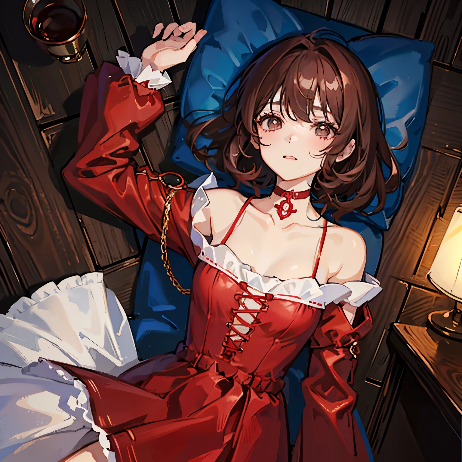 1 persons、girl with、Little Red Riding Hood、Brown hair long、kawaii、a choker、a bed