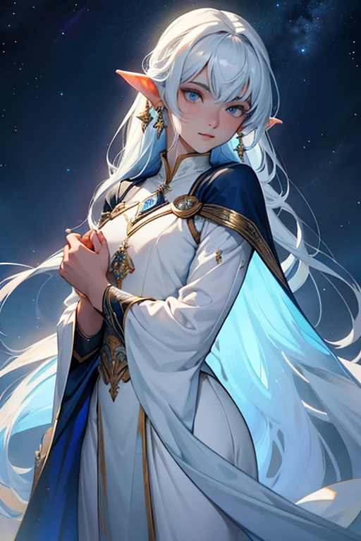 elfo masculino da lua com uma aura misteriosa e celestial. Ele tem uma estatura elegante, medindo aproximadamente 1,85 metros de altura. Seus cabelos prateados fluem como raios de lua cheia, brilhando com uma luminosidade suave. Seus olhos, deep blue like the starry night sky, refletem a luz prateada da lua. Your features are ethereal, and her pointed ears add a touch of heavenly grace to her face. Selarian's skin is pale and translucent., como se capturasse a luz da lua. Your presence radiates a reassuring calm, and he carries with him an aura of serenity that inspires confidence,. Vestindo um manto tecido a partir de fios de luz lunar, Selarian dresses in attire that reflects the celestial elegance of his nature. His cloak flows around him like the starry night itself, and jewels encrusted with moonstones adorn her wrists and neck. Every piece of her clothing seems woven from moonlight, creating a show of subtle shine.