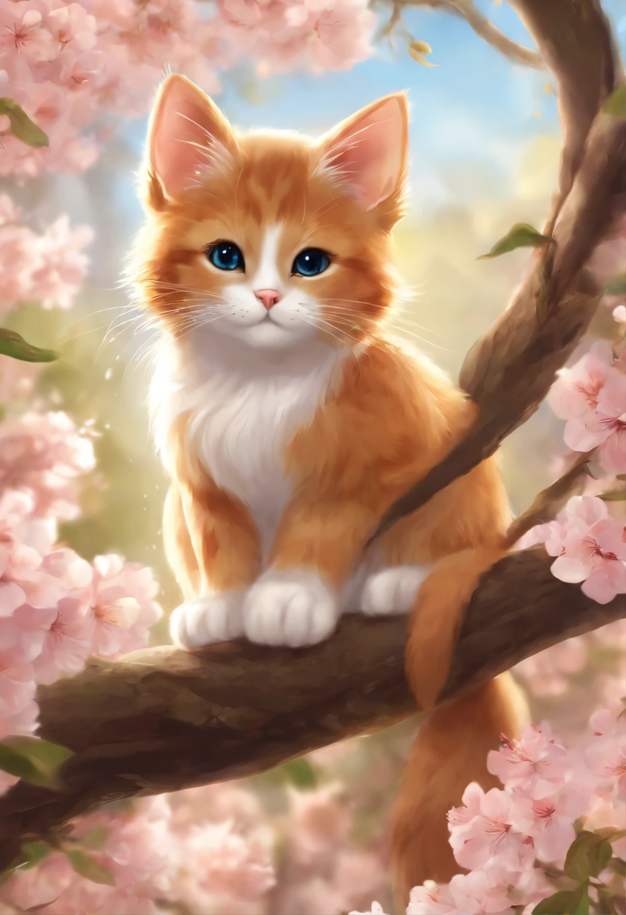 cat sitting on a tree branch, realistic Anime Cat, Anime Cat, Anime visual image of a cute cat, Фан-арт Warrior Cats, beautiful Anime Catgirl, very very beautiful furry art, very beautiful Anime Cat girl, Cherry blossom petals around it, ahri, in anime style, Natsume Yuujinchow, made with anime painter studio