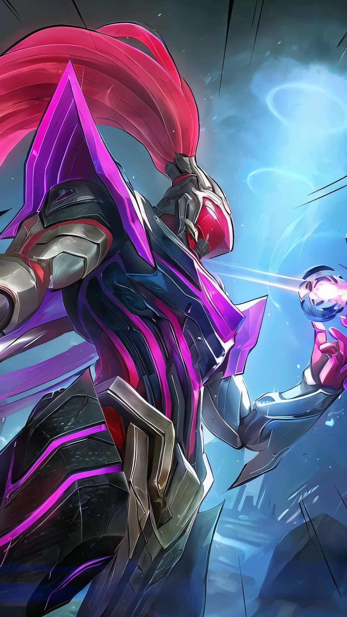 neon red,chibi zed,warrior mask,squatting, with a white background,