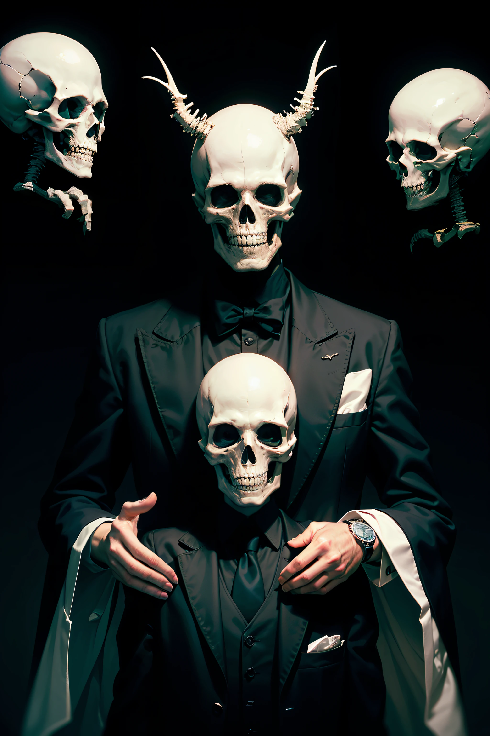 Skeleton, black suit, sinister, smirking, scary smile, no light, eerie atmosphere, bony fingers, tie pulling, black tie, macabre allure, simple black background, iced out watch