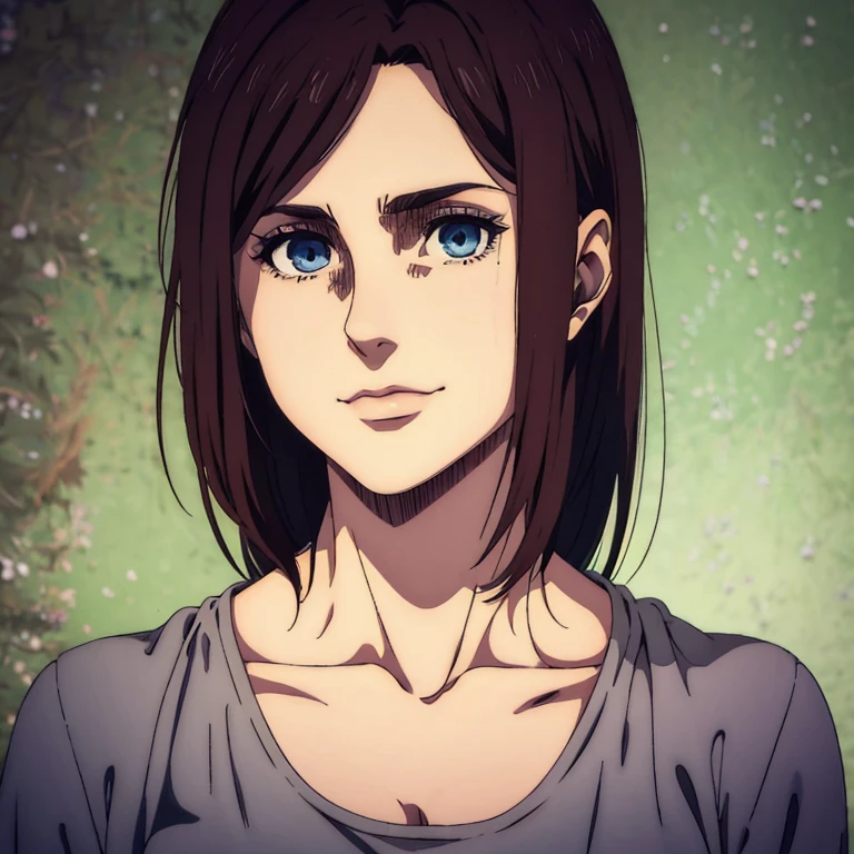 A female character who is younger with brown medium  hair in the Mappa art style she is also thin and tender. She has detailed  blue eyes. She is depicted in a grey shirt, showcasing a sharp jawline. She is also fair. She is also smiling a little.The artwork should have the best quality, with ultra-detailed and realistic features. The color palette should be vivid, and the lighting should emphasize the character's facial structure and expression.