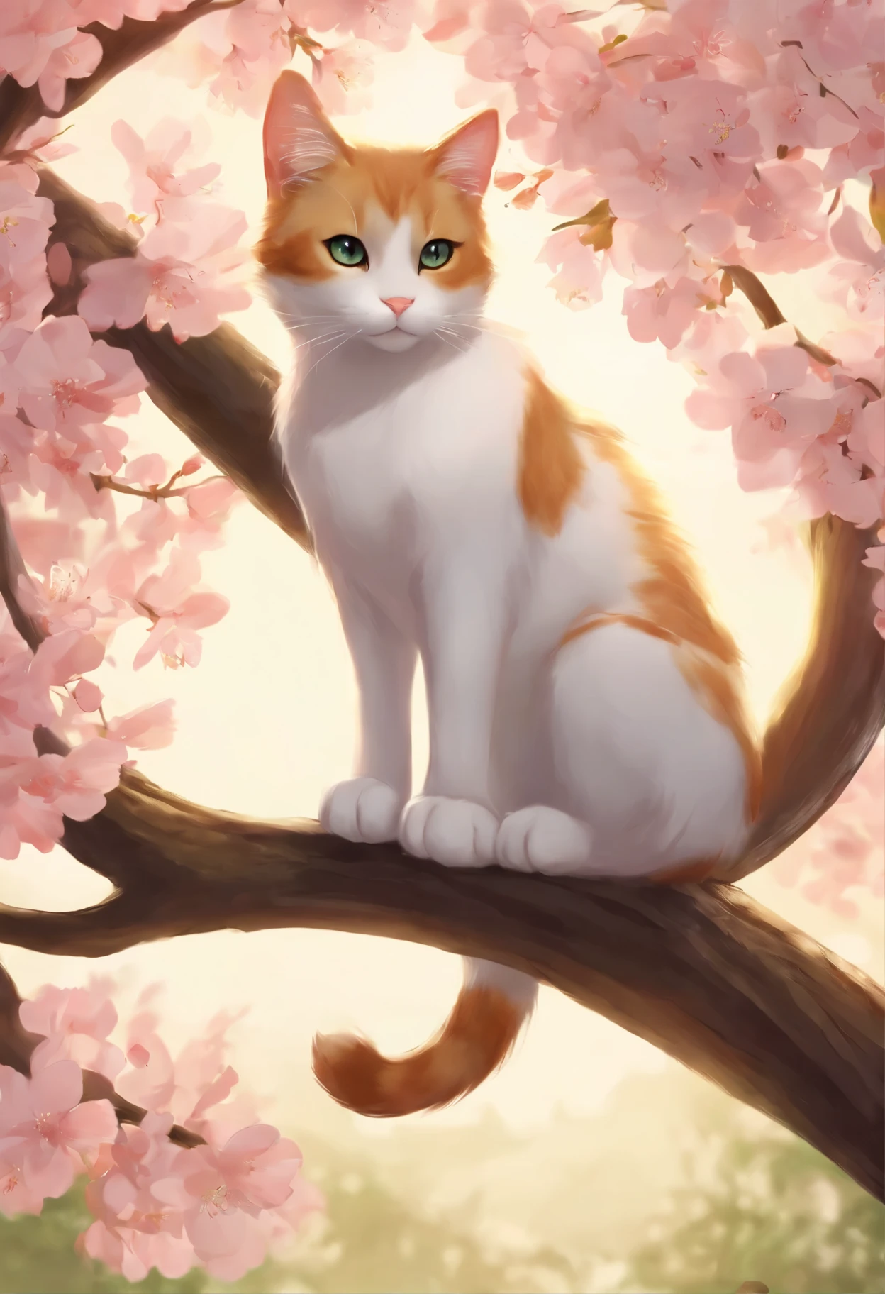 cat sitting on a tree branch, realistic Anime Cat, Anime Cat, Anime visual image of a cute cat, Фан-арт Warrior Cats, beautiful Anime Catgirl, very very beautiful furry art, very beautiful Anime Cat girl, Cherry blossom petals around it, ahri, in anime style, Natsume Yuujinchow, made with anime painter studio