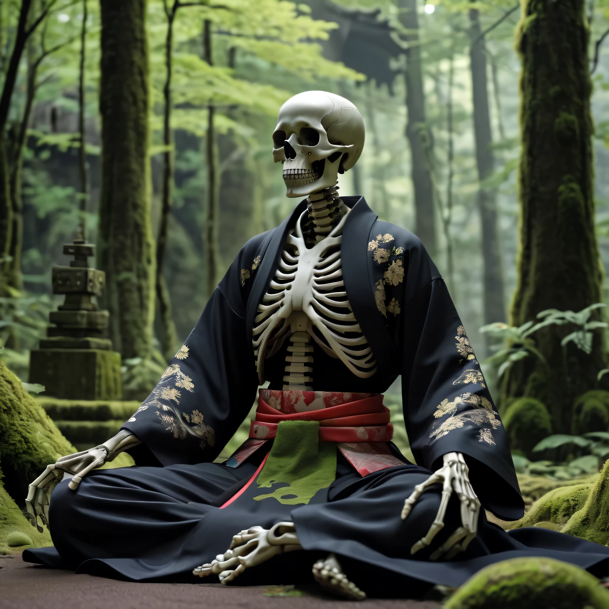 (Best Quality,4K,8K,hight resolution,masutepiece:1.2),Ultra-detailed,realistic black metallic skeleton,in a temple,Wabi-sabi,Meditate while wearing a kimono,dead body,passion:1.2,forest,mosses