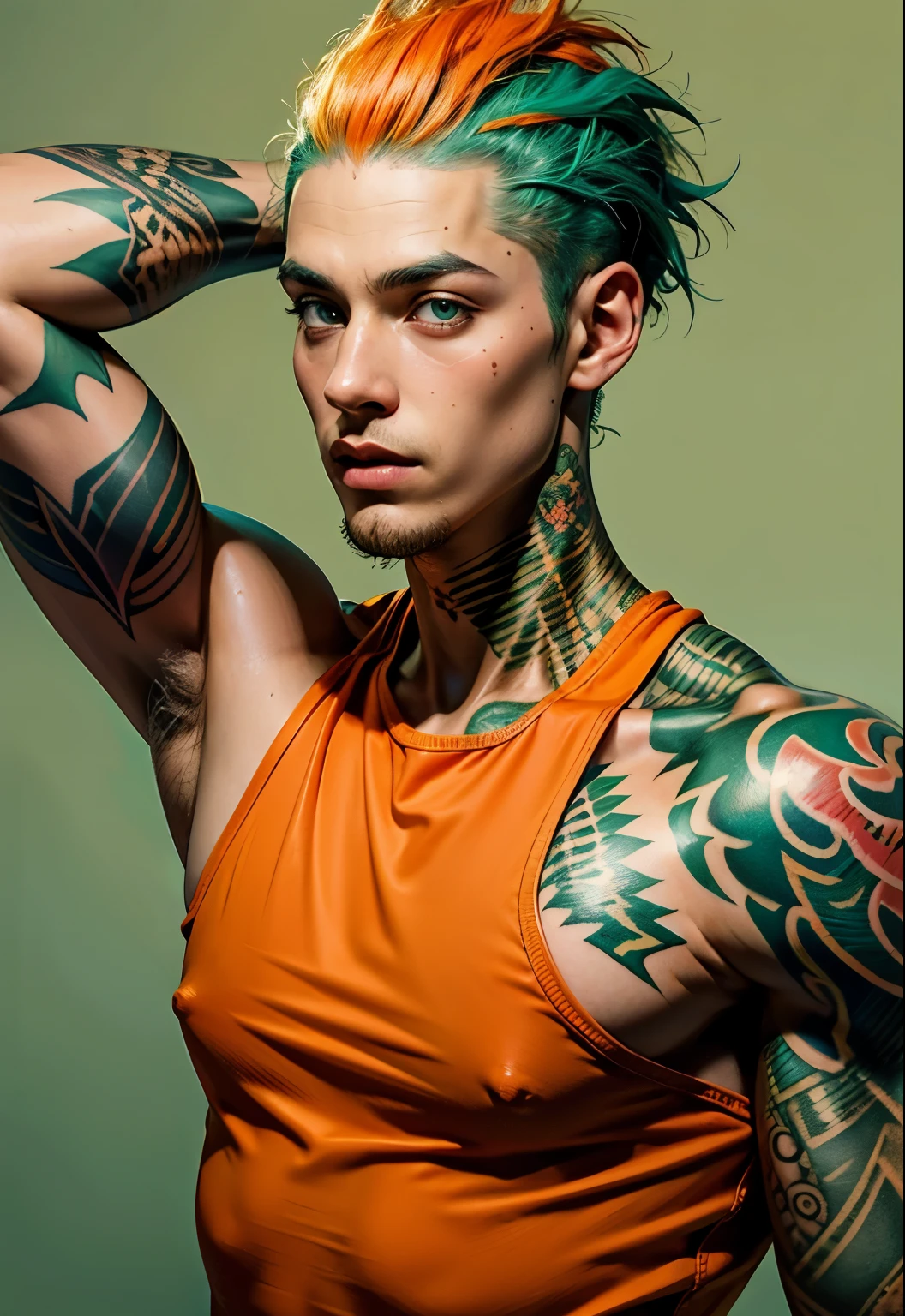 Strong, green eyes and a fully tattooed body, all orange clothes and a prison background, shaved hair, man