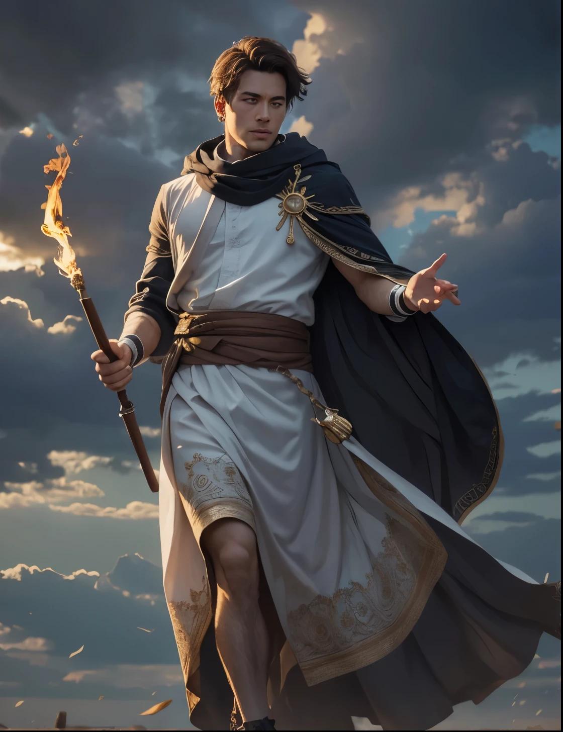 magician in toga, short brown hair, man, wind vortex in his hand, clouds in the background