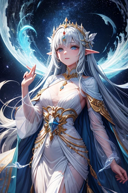 elfo masculino da lua com uma aura misteriosa e celestial. Ele tem uma estatura elegante, medindo aproximadamente 1,85 metros de altura. Seus cabelos prateados fluem como raios de lua cheia, brilhando com uma luminosidade suave. Seus olhos, deep blue like the starry night sky, refletem a luz prateada da lua. Your features are ethereal, and her pointed ears add a touch of heavenly grace to her face. Selarian's skin is pale and translucent., como se capturasse a luz da lua. Your presence radiates a reassuring calm, and he carries with him an aura of serenity that inspires confidence,. Vestindo um manto tecido a partir de fios de luz lunar, Selarian dresses in attire that reflects the celestial elegance of his nature. His cloak flows around him like the starry night itself, and jewels encrusted with moonstones adorn her wrists and neck. Every piece of her clothing seems woven from moonlight, creating a show of subtle shine.