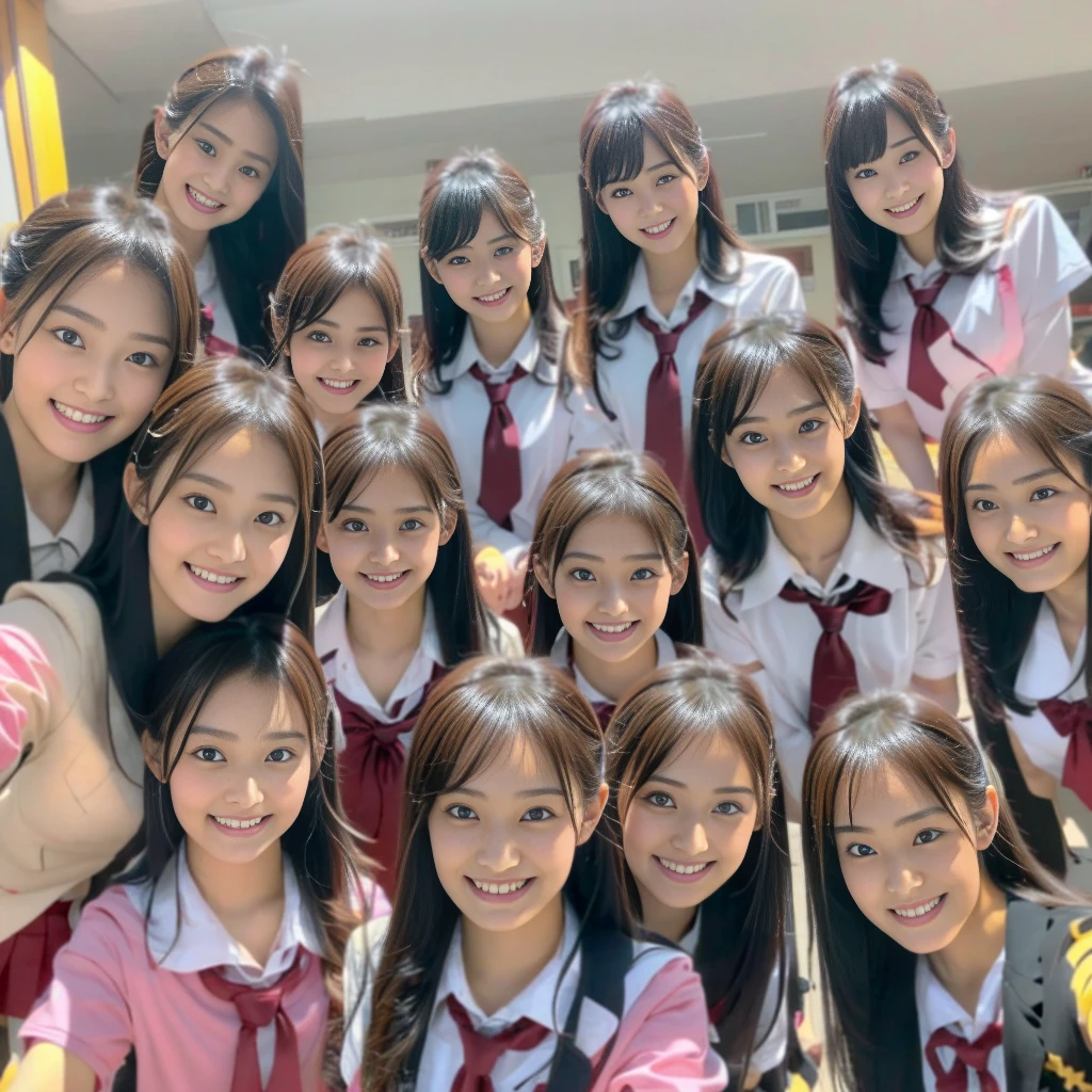Raw photo、(((multiple girls))),((((6+girls)))),((((100girls)))),((((1000girls))))、((((100 Girls))))、Women only、((Everyone has the same face)),((matching school uniform))、、Long black hair、japanes、100 cute high school girls、a smile、Classroom、selfee、same person、(((Large group)))、High school students