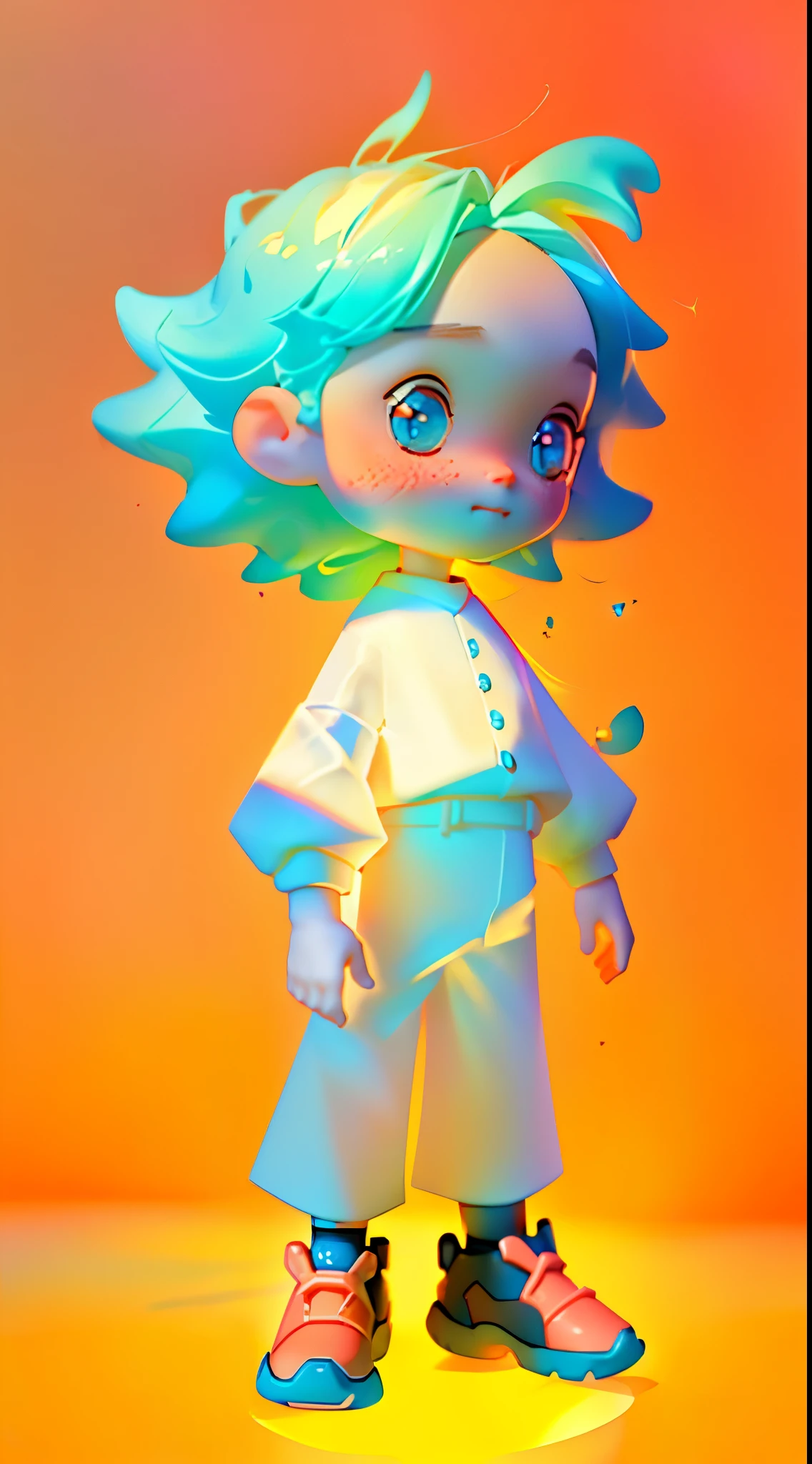 Boy glasses full body 3d picture, 1pc, good eyes looking, largeeyes, adolable, having fun, Pop Matt Blind Box, Glowing bubbles, toys, solid color backdrop, tchibi, Fluorescent transmission, luminous body, kawaii, dolls, (((programmer, white shirt))), pop mart盲盒, complexdetails, 3Drenderingof, fol body reference sheet, dribble, studio lighting, loli, petichild, chibi, SD character:1.1, magic lab background, c4d, reference sheet, Pixar, blender, OC renderer, high details, 8k