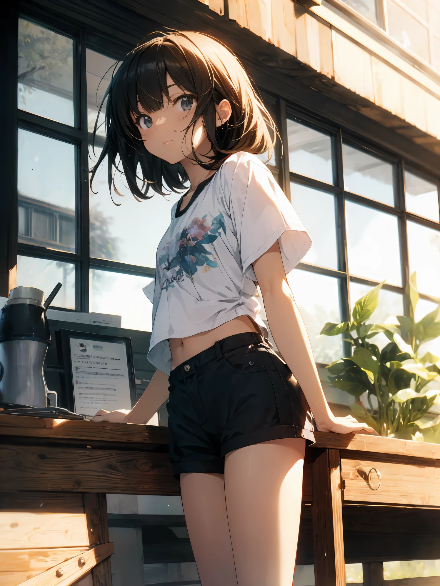 (masterpiece, best quality:1.5), (ultra detailed, high resolution, 8k, beautiful detailed, UHD, best anatomy), Burgundy hair, medium breasts, 1 cute girl, (Studio Ghibli Style Character:2), bare navel, Oversized T-shirts
