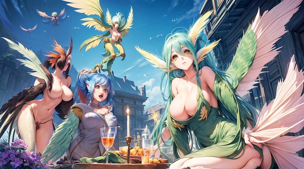 ((Finest quality)),(超A high resolution),(ultra-detailliert),((Best Anime)),sharpnes,Clear,Fantasy art with astounding depictions,Overhead view:1.5, ((Female Harpy:1.6)),Harpyia, naked, gigantic boobs, nipple, pubic pussy, pussy, fly