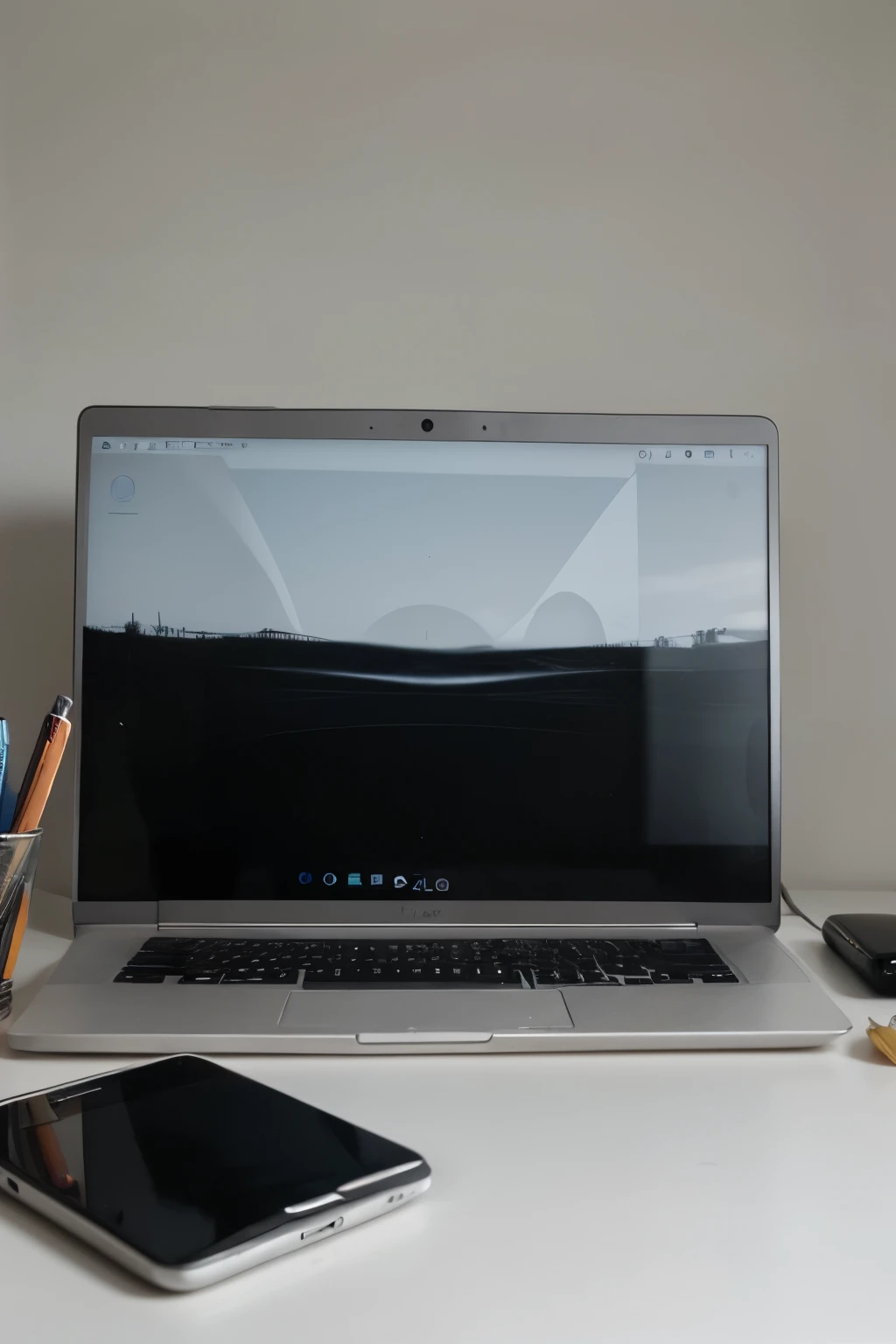 Design a diagram，PC desktop，There is a closed Apple laptop，There is a pen next to it，A few unfinished reports，All mainly black，Dark series