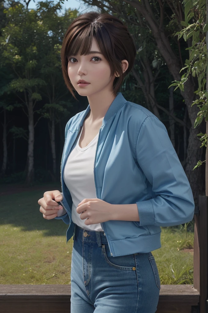 (masuter piece:1.3)、(8K、Photorealsitic、Raw photography、top-quality: 1.4)、(1girl in)、美丽的面容、(Lifelike face)、(lightbrown hair、a pixie cut:1.3)、Beautiful hairstyle、Realistic eyes beautiful details、(real looking skin)、Beautiful skins、(The shirt、Denim jacket)、absurderes、enticing、超A high resolution、A hyper-realistic、high-detail、the golden ratio、、bilaterally symmetrical、grass field