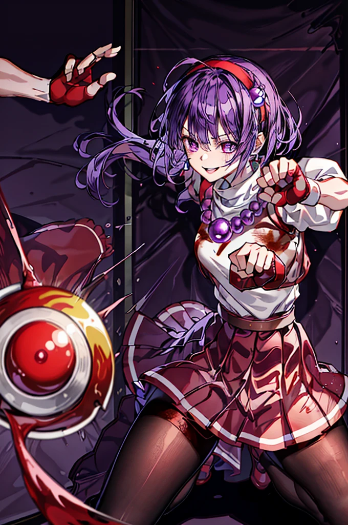 (masterpiece)、(top-quality)、(ultra-detailliert)、intricate detailes、athena97、(1girl in)、独奏、Purple eyes、Purple hair、length hair、White earrings、red hairband、Star hair ornament、Medium Breath、Red vest、White turtleneck、White Puff Sleeves、shortsleeves、Red pleated skirt、(Crimson pantyhose:1.2)、Black pantyhose、Yellow belt、purple sphere shape necklace、Red fingerless gloves、White short socks、Red shoes、evil smile、NSFW、cowboy shot rally background、anime styled、(Blood on the face:1.4)、(Fighting stance:1.4),Detailed interior of the execution site