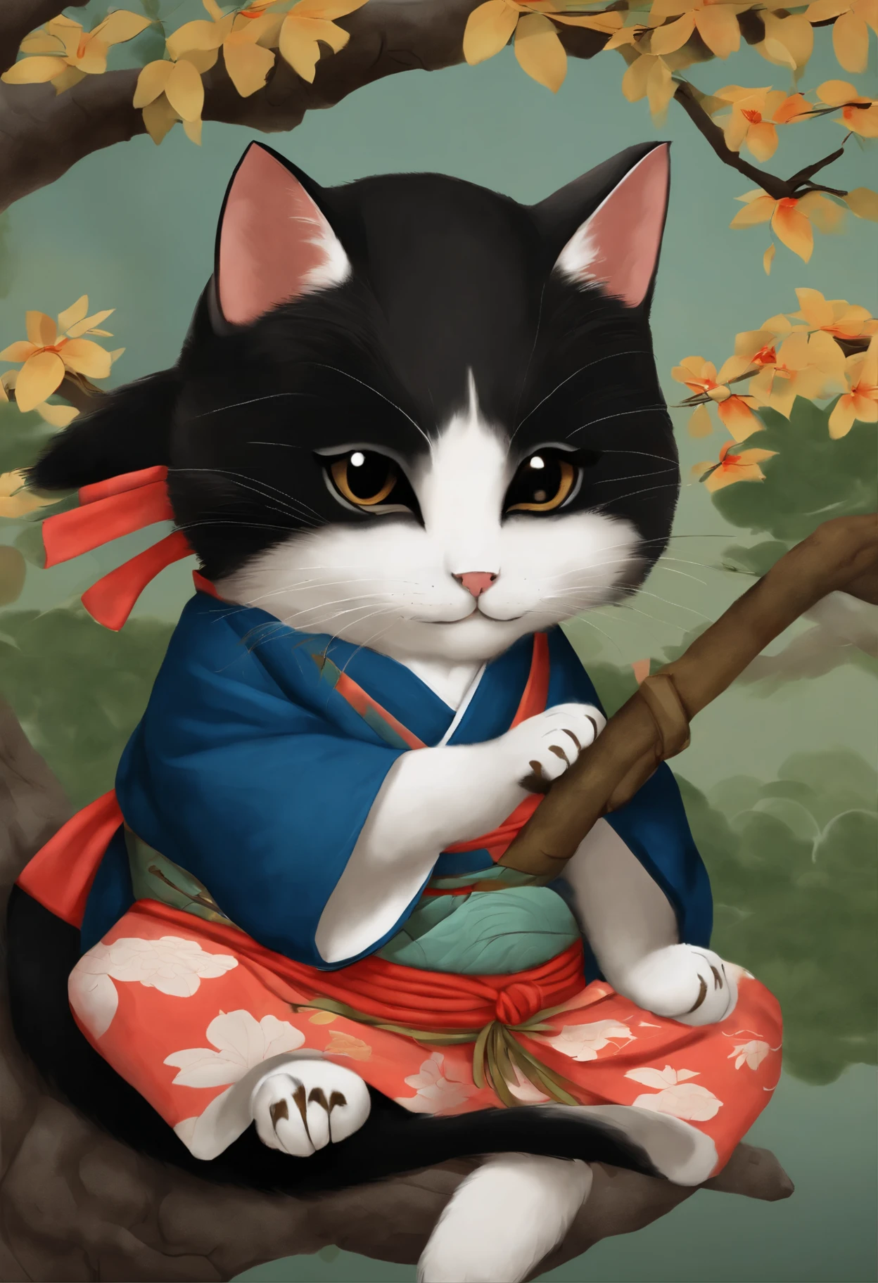 Painting of a cat in a kimono, sitting on a tree, Anime Cat, Samurai cat, inspired by Koson Ohara, inspired by Ohara Koson, realistic Anime Cat, inspired by Tōshūsai Sharaku, Japanese Art Style, Monk Tabaxi, anthropomorphic cat ninja, neko, Kitsune, fox nobushi