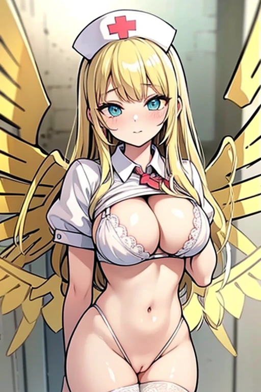 ((Best Quality)), ((Masterpiece)), (detailed), perfect faces, blonde hair, mint eyes, large , sexy, se bra, nurse lingerie, nurse underwear, cum in pu, breask, anges,