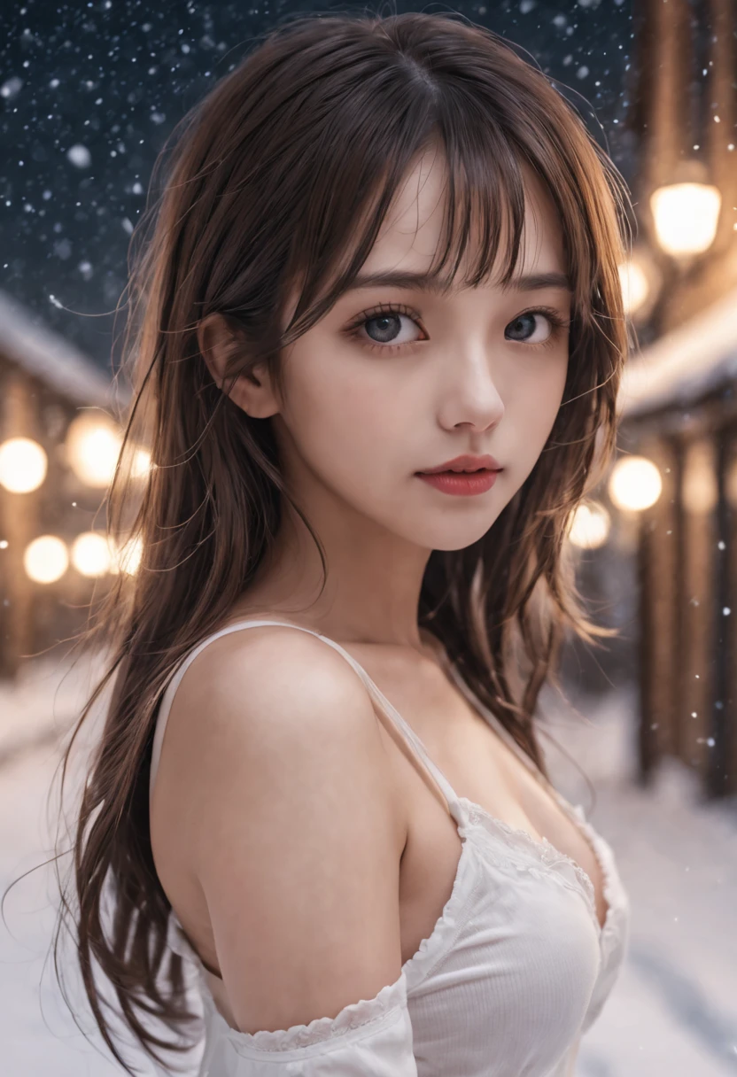 (Raw photo:1.2), (Photorealistic), Beautiful detailed girl, Very detailed eyes and face, Beautiful detailed eyes, Huge file size, High resolution, Very detailed, Best Quality, [masutepiece:1.6], Illustration, Very detailed, Fine detail, Best Quality, 8K Wallpaper, Movie Lighting,15-year-old high school girl, , Snowy night sky, night cityscape, Unleash magic from your hands, Fantastic sight,Underwear, poneyTail, Underwearで,White bra,  You can see the white panties, Slim body, Young Face, Smaller chest, Immature body, sparkling magic